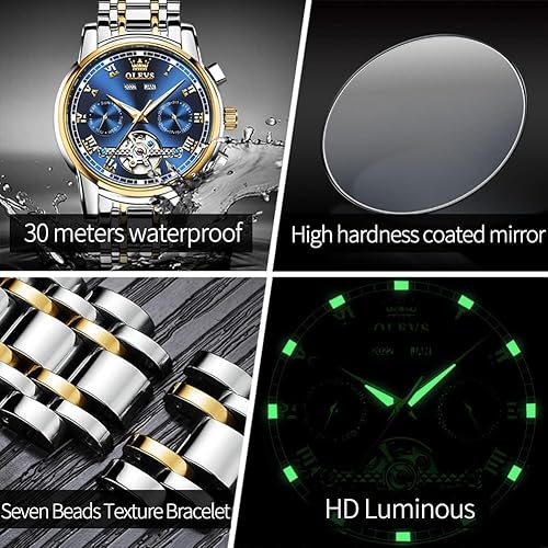 Miniatura 5 de OLEVS Reloj automático para hombre, cuerda automática, mecánica, de lujo, de acero inoxidable, multicalendario, impermeable, luminoso, reloj de