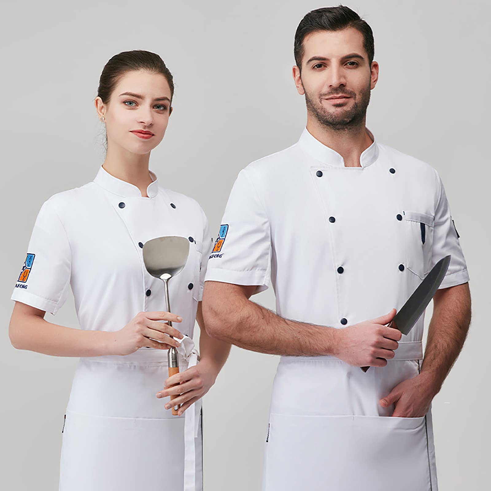 Giacca da Cuoco Unisex Cappotto Giacca da Cuoco a Maniche Corte da Uomo Cucina da Ristorante Uniforme da Cuoco con Ricamo Squisito Abbottonatura Frontale Doppio Petto Cappotto da Cuoco Bianco,Bianca