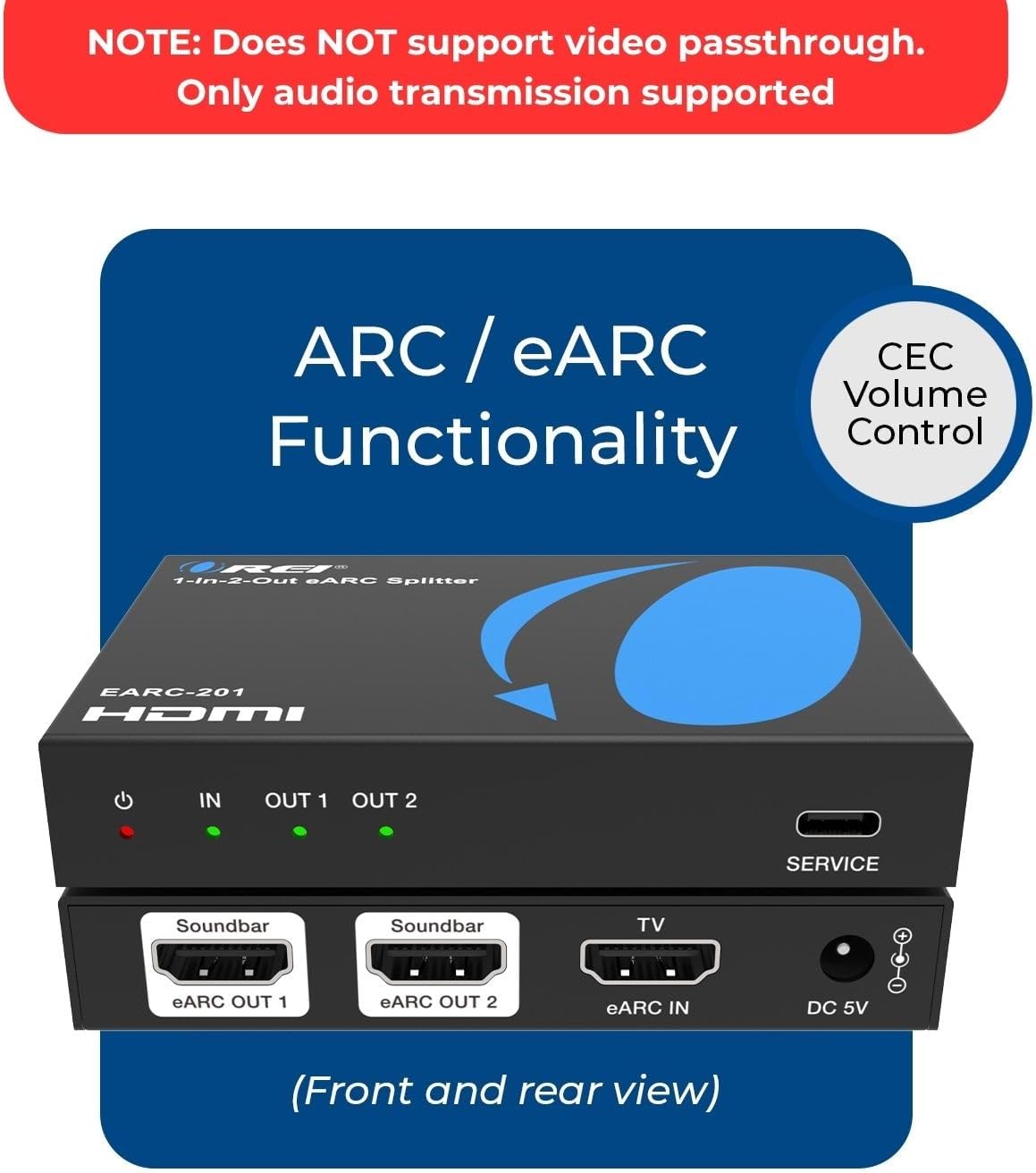 OREI eARC Audio Splitter 1 in 2 Out – HDMI ARC/eARC Audio Extractor & Splitter, Dolby Atmos, DTS:X, TrueHD, CEC Volume Control, Dual Soundbar Audio Adapter