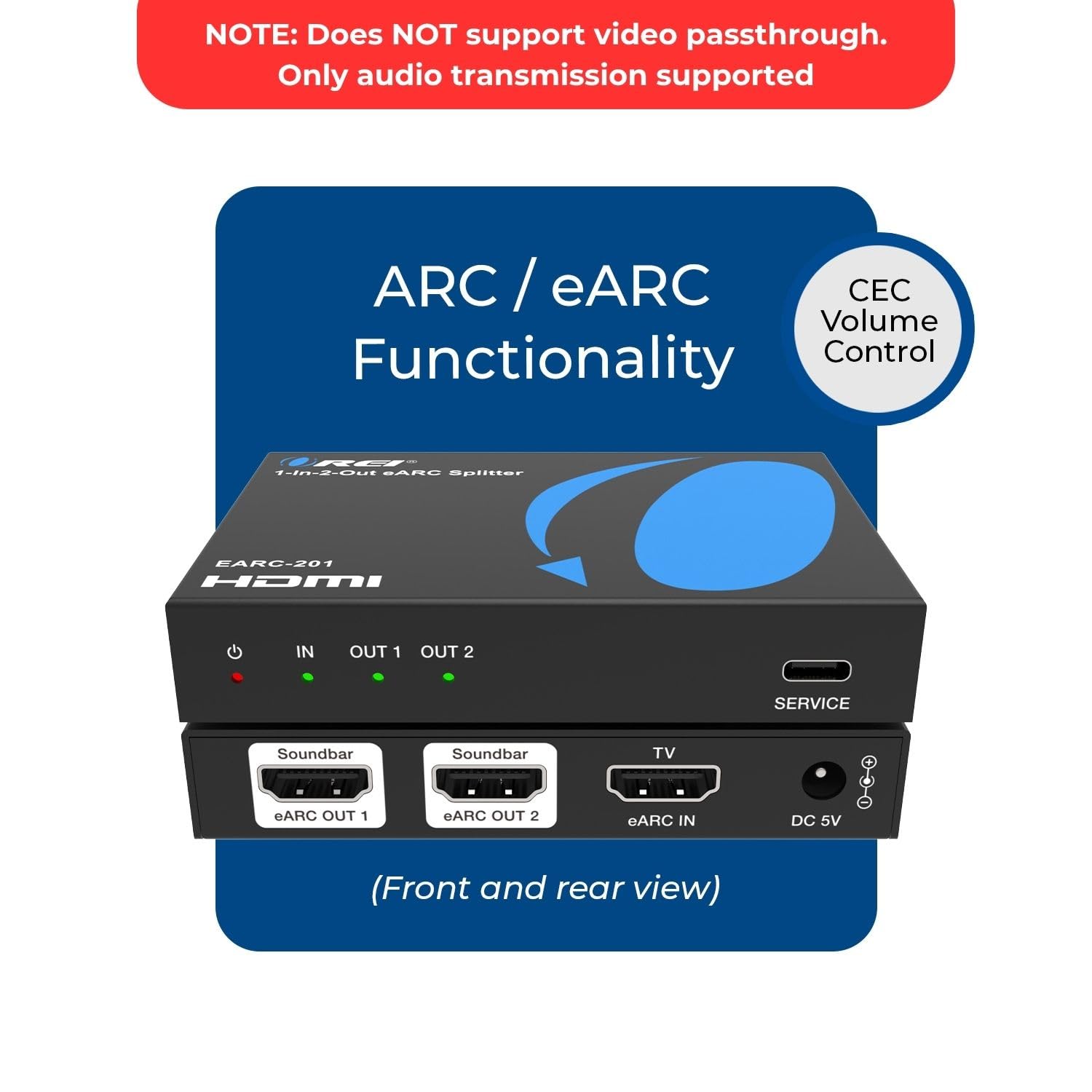 OREI eARC - Divisor de audio 1 en 2 salidas - Extractor y divisor de audio HDMI ARC/eARC, Dolby Atmos, DTS:X, TrueHD, control de volumen CEC, adaptador de audio de barra de sonido dual