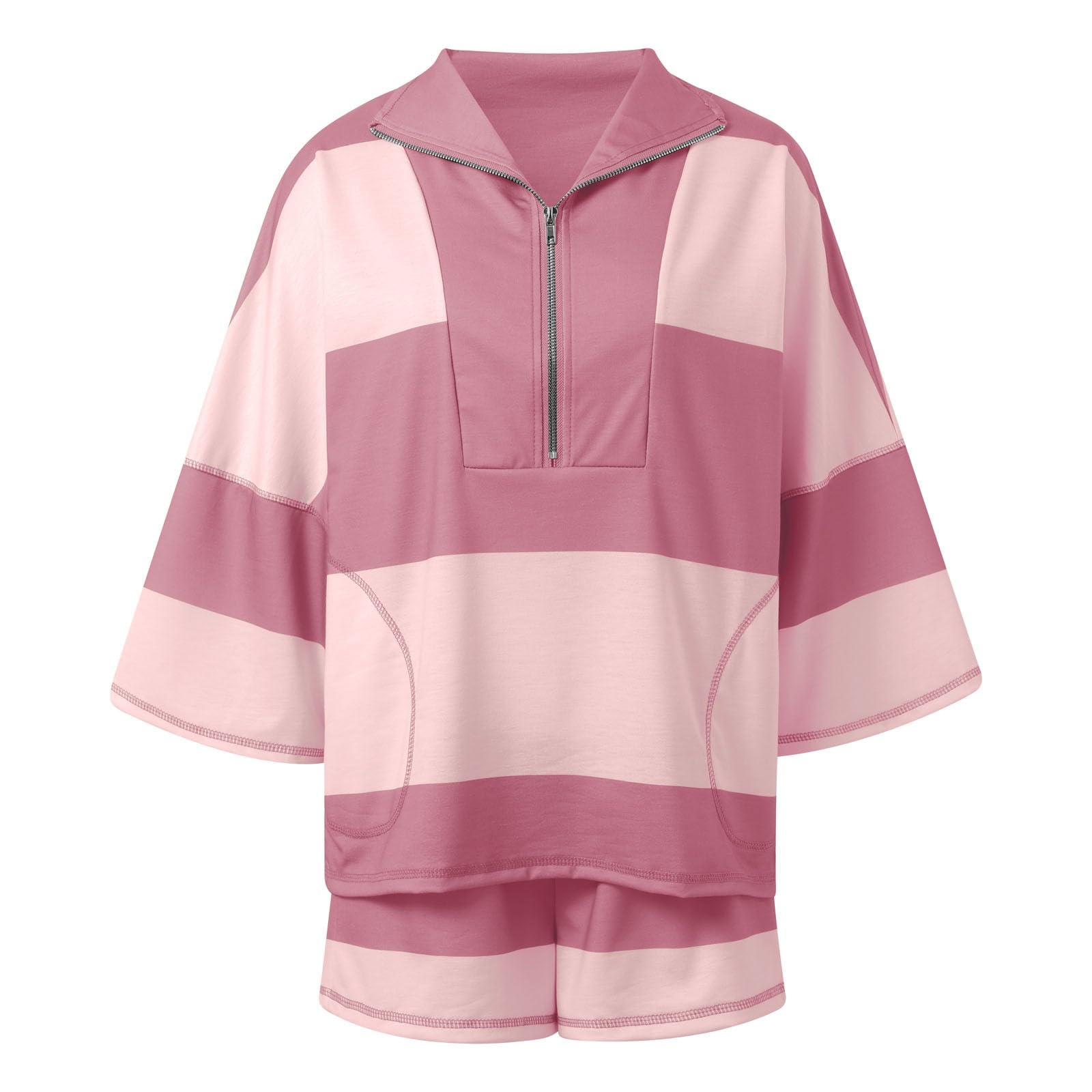 Generisch Survêtement d'été 2 pièces pour femme - Court - Couleur unie - Tenue de détente - Ensemble de vacances - Élégant et décontracté - Survêtement léger à manches courtes et short avec poches