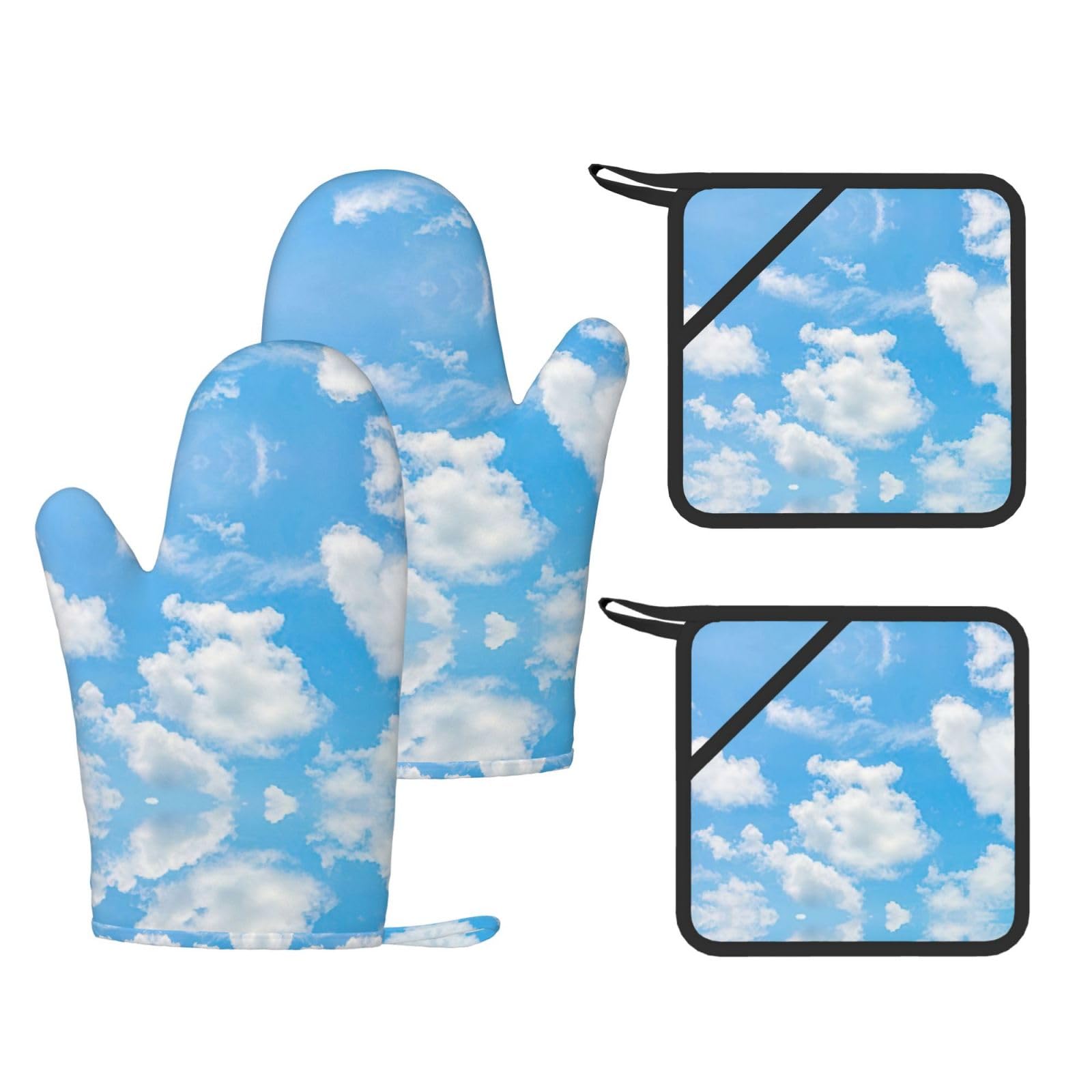 Blue Sky White Cloud Trendy Printed Kitchen Set with Heat Resistant Gloves & Non-Slip Hot Pads for Baking & Grilling
