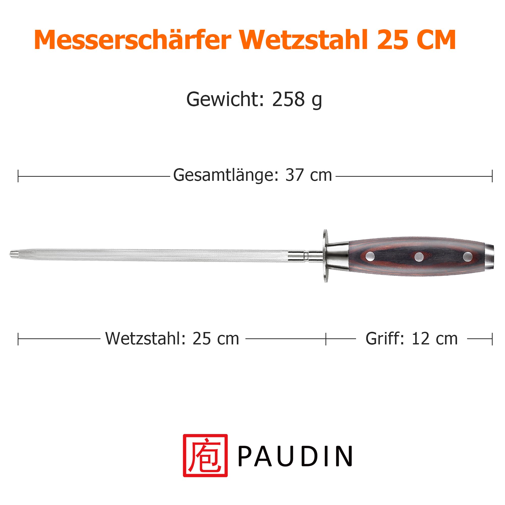 PAUDIN Razor Sharp Acier humide pour couteaux Affûter 25 cm, acier trempé, meuleuse à couteau de haute qualité avec poignée en bois ergonomique pour des anneaux précis et une netteté longue durée