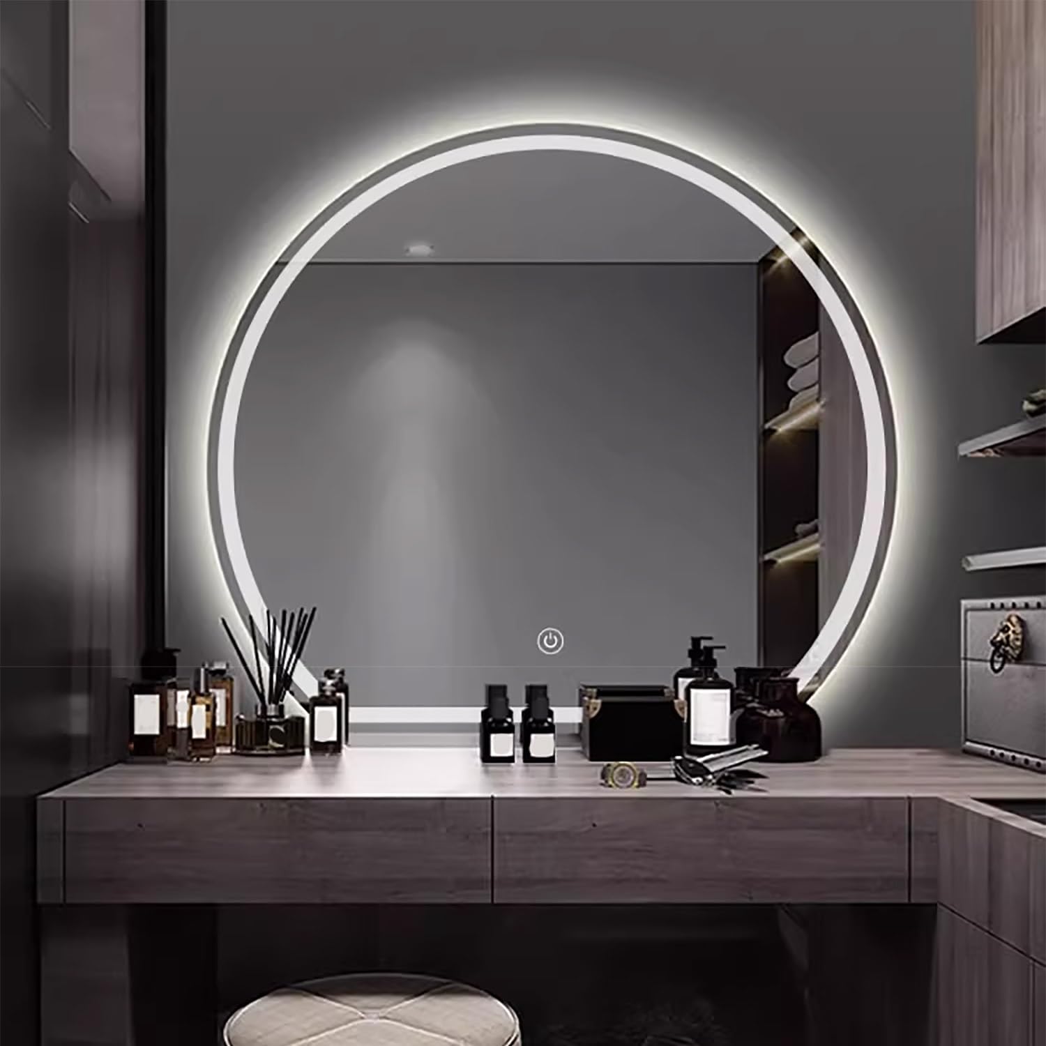 Specchio da Trucco Parete Mezza Luna a LED 80×90cm, Specchio Semicerchio da Bagno Intelligente 70×80cm con 3 Colori di Luce, Anti-Appannamento(Frontlit,100cm/40inch)
