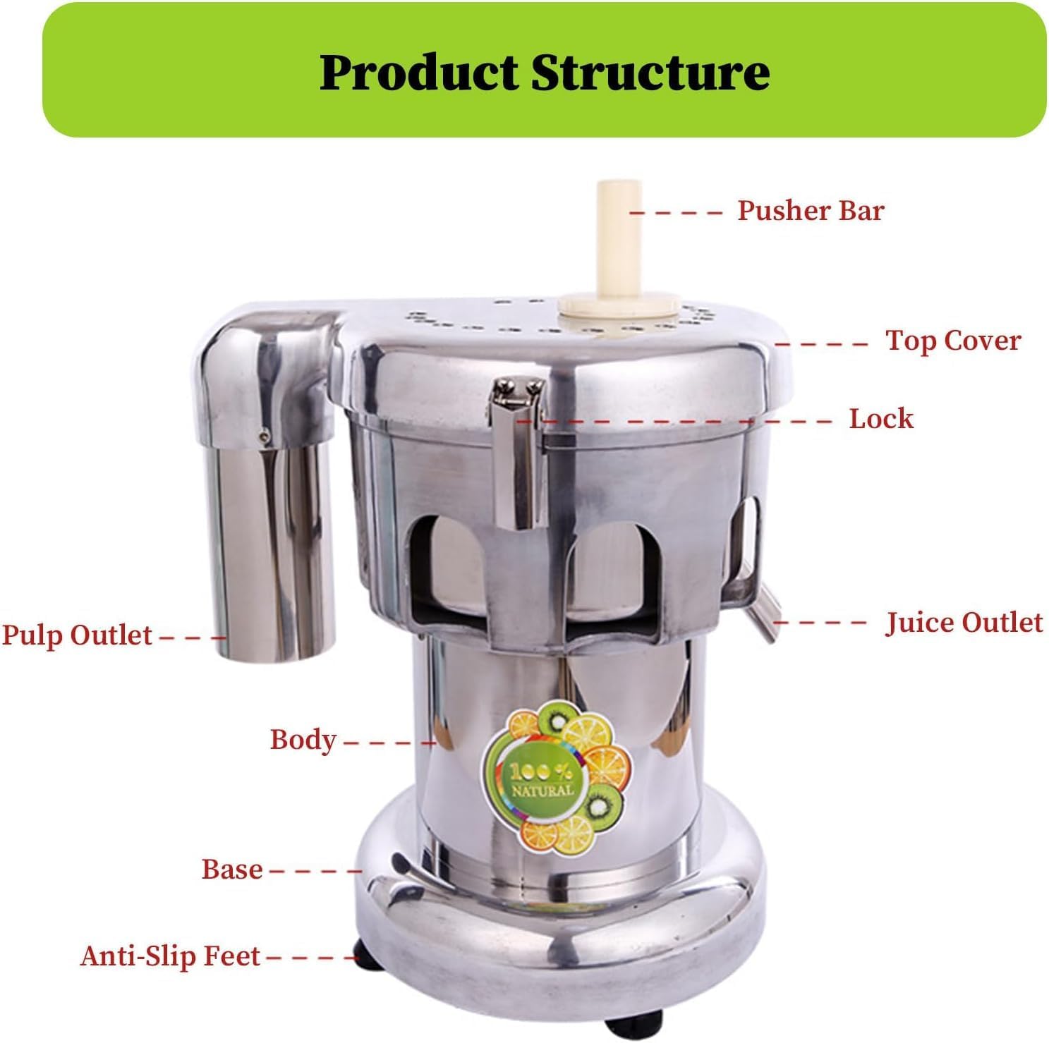 High-Performance Commercial Juice Extractor, Stainless Steel Electric Juicer for Fruits & Vegetables, 100-120kg/hr, Ideal for Restaurants & Juice Shops
