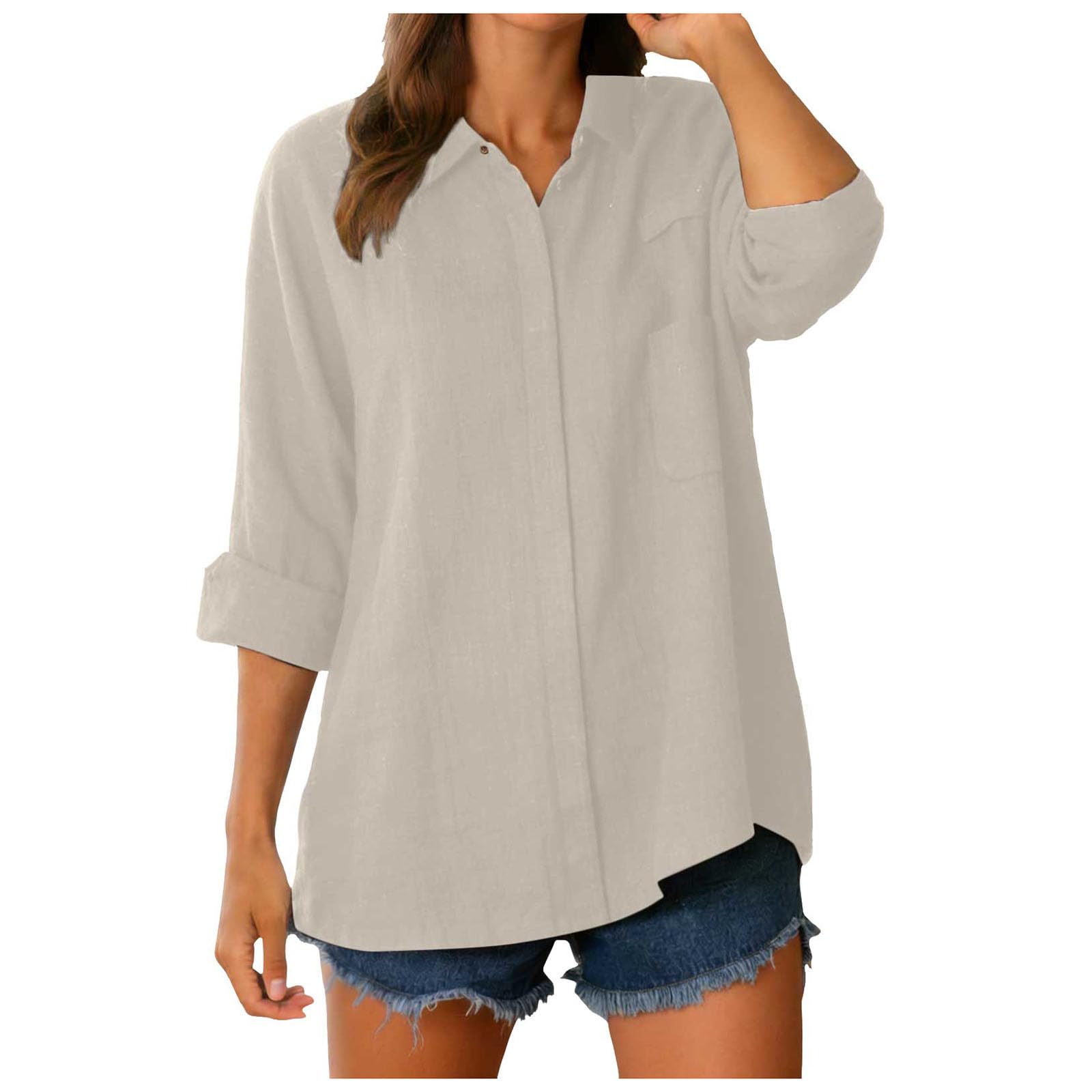 Camicia Blusa in Mussola da Donna Camicia di Lino da Donna Blusa Maniche 3/4 Elegante con Bottoni Maniche a Tre Quarti Camicetta Camicetta di Mussola Lino Oversize Fantasia Bianco E