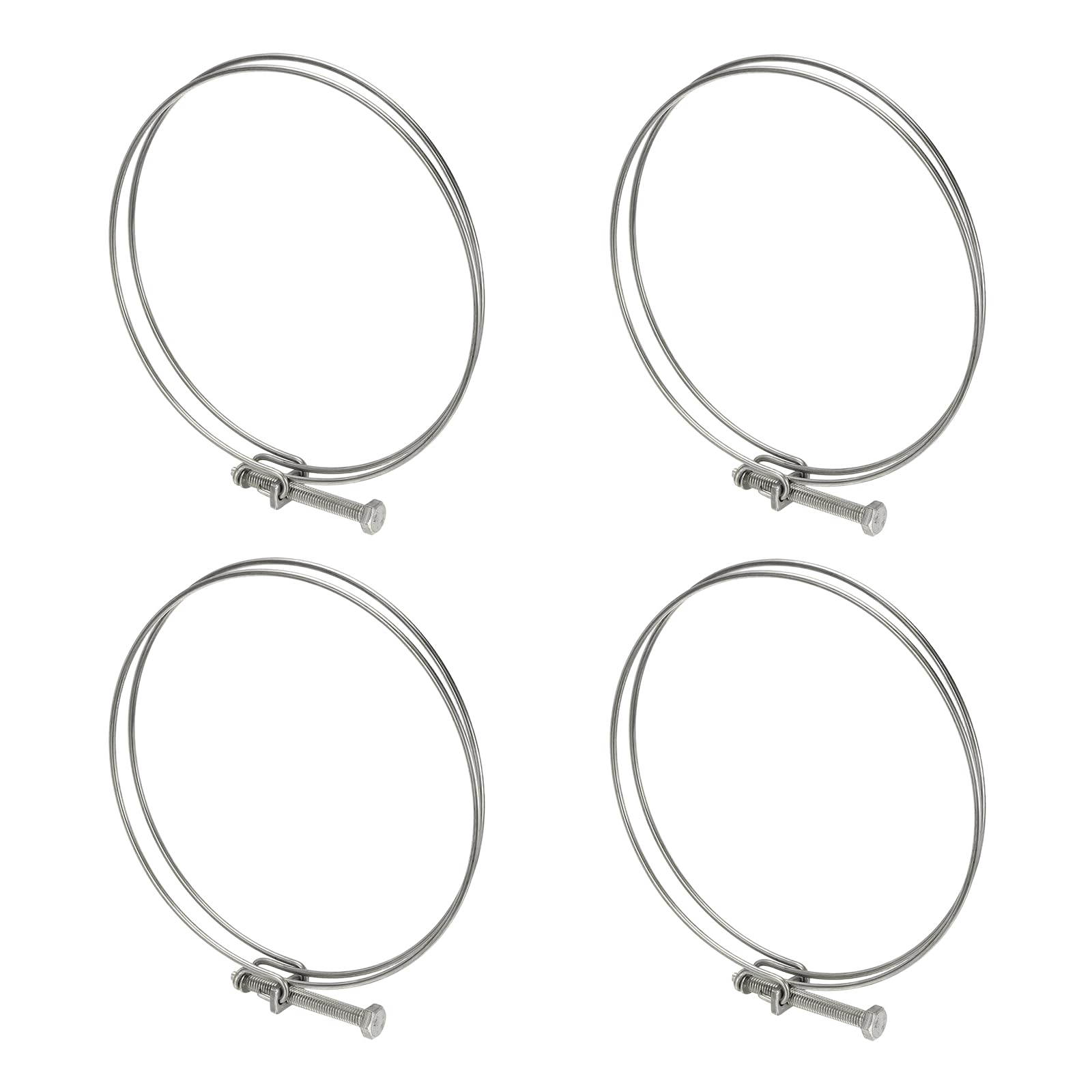 sourcing map 4 Pcs Double Wire Hose Clips 180-190 mm 304 Stainless Steel Adjustable Wire Pipe Tube Clamps with M8 Screw Plumbing Joint Fastener for Dust Collection Pool Pond, Silver