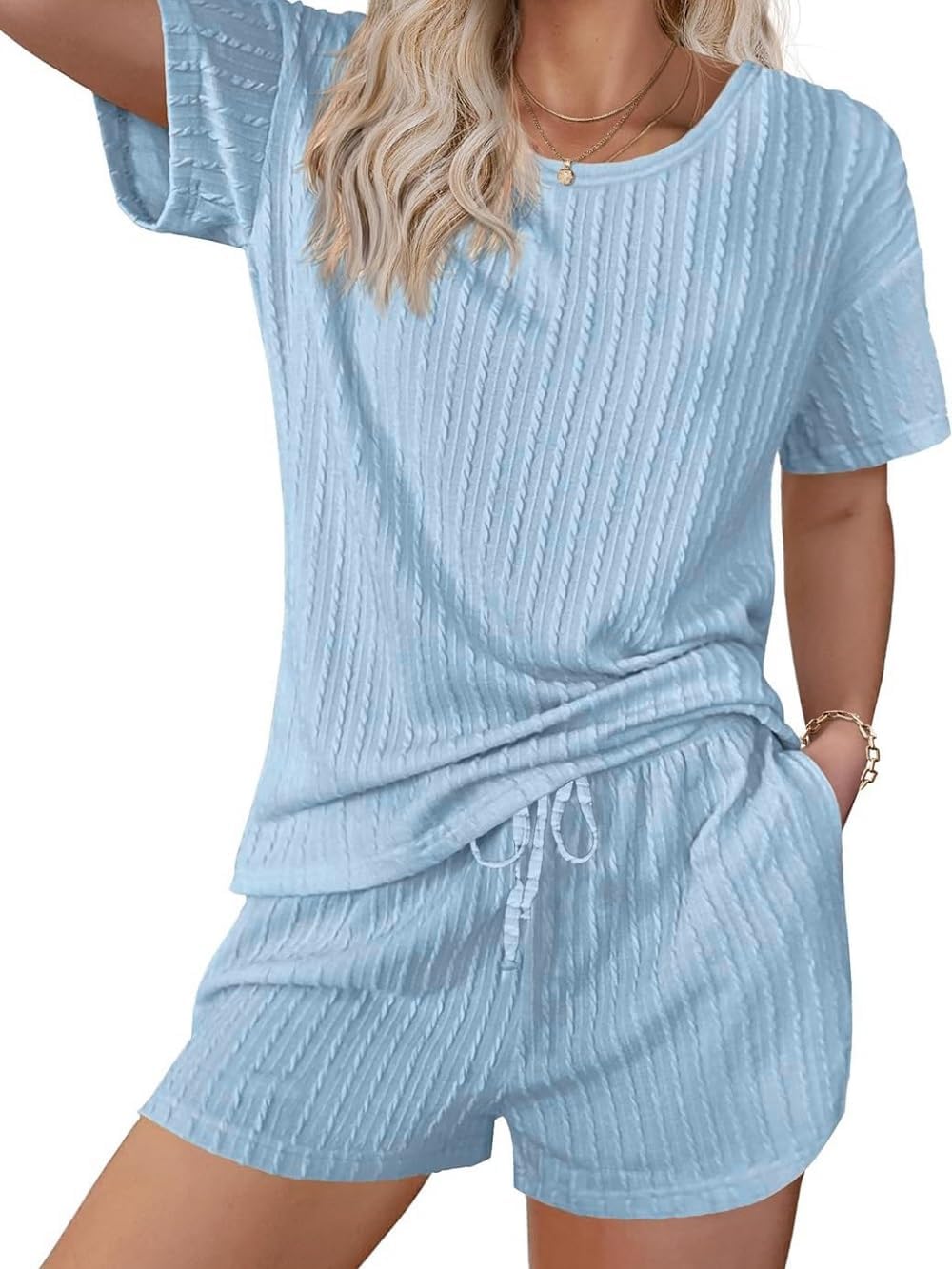 Women’s 2 Piece Lounge Sets Ribbed Knit Matching Outfits T-shirt and Shorts Sets Sleepwear Loungewear Casual Pajamas