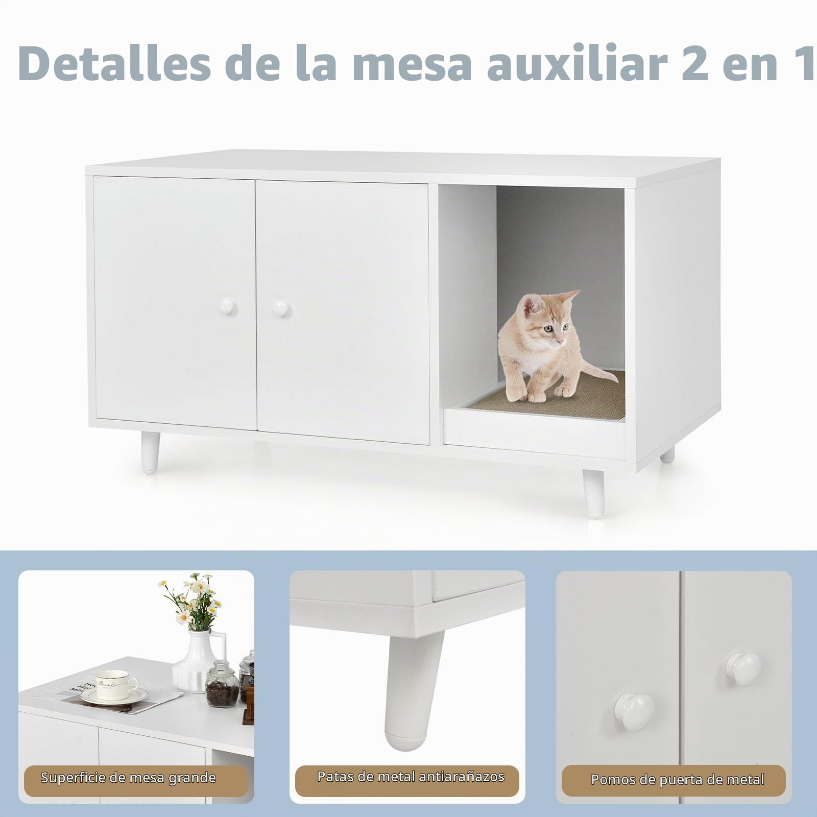 LIFEZEAL 2-1 Casa para Gatos, Mesa de café de 2 Pisos con Armario para Gatos, rascador, Dos Puertas y Patas elevadas, Caja para Gatos, para salón, Dormitorio y balcón (Blanco)