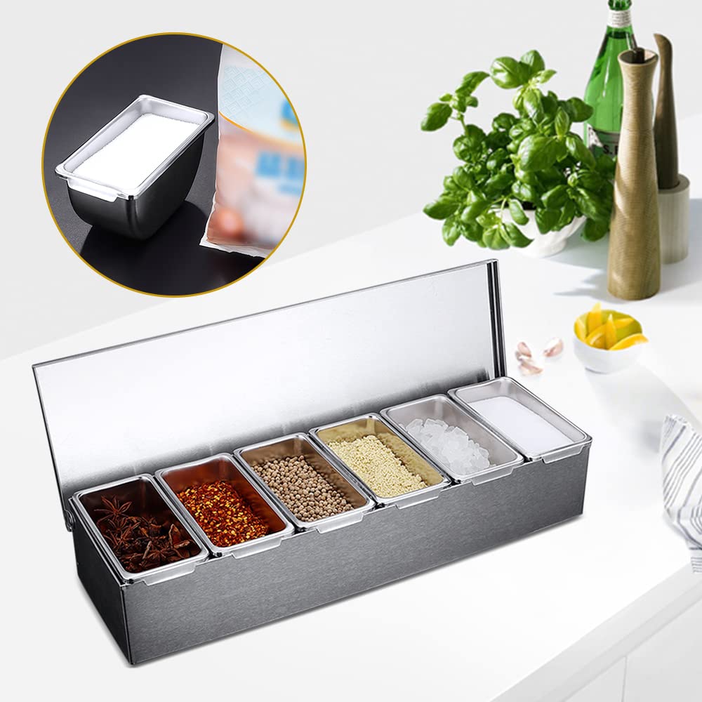 Stazione per pizza a 6 scomparti in acciaio inox con coperchio Erogatore di condimenti refrigerato riutilizzabile contenitore per condimenti per ristoranti catering e feste 45,5 x 15 x 9 cm