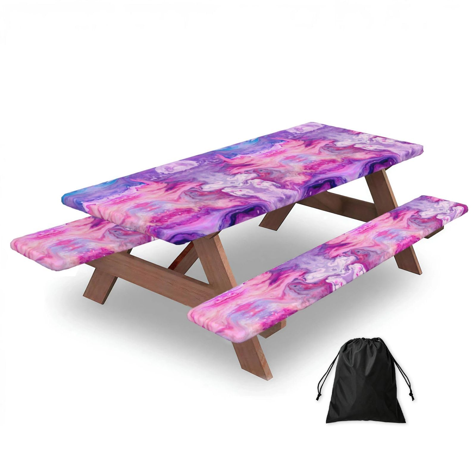 Zyjhyy Black Marble Purple Colorful Print 3 Pack Wipeable Picnic Bench Cover And Table Cover Lightweight Table Cloth For Camping Outdoor