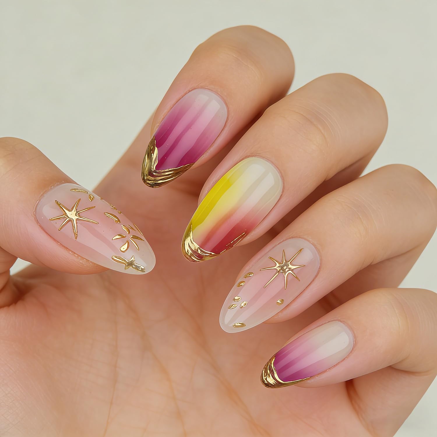 24Pcs Yellow French Tip Press on Nails Medium Almond Fake Nails with Embossed Gold Star Design Purple Press on Nail Full Cover Stick on Nails Reusable