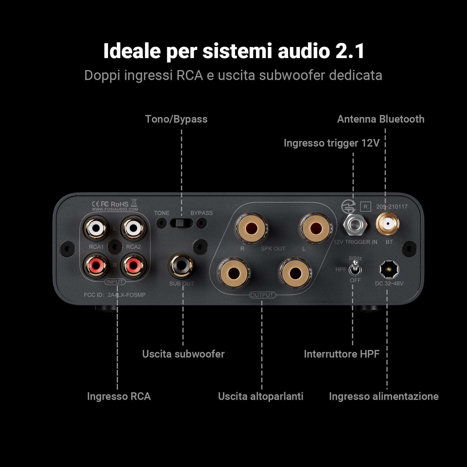 Fosi Audio BT20A MAX Amplificatore Audio Hifi, Amplificatori Stereo da 300Wx2 con tecnologia PFFB, LDAC Bluetooth 6.0, Doppia Alimentazione Indipendente, Telecomando, per Sistemi 2.1 e Audio Domestici