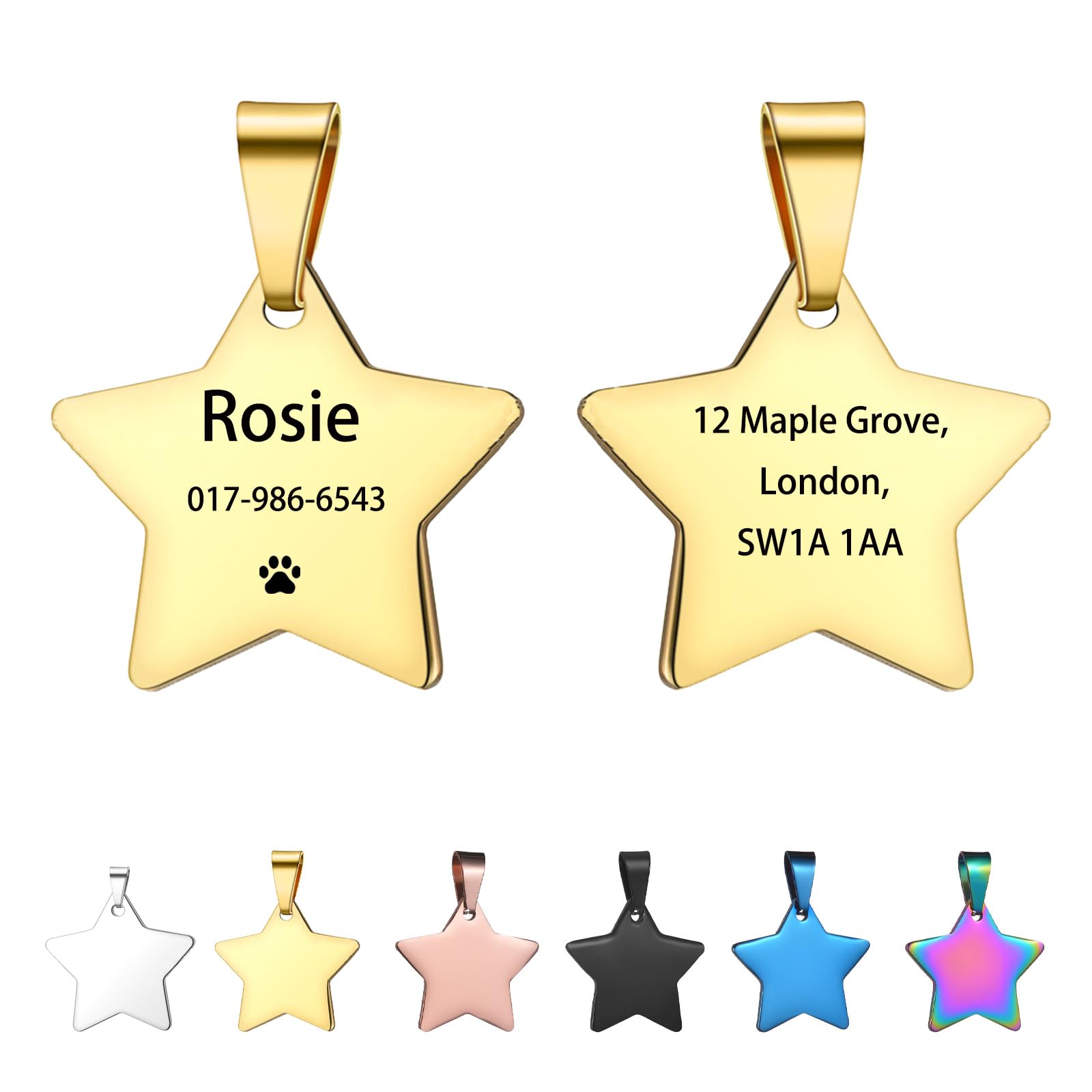 Personalised Dog Tag - Dog Tags for Pets Engraved UK, Engraved Dog Name Tags for Dogs with Any Text, Stainless Steel Dog ID Tag for Pet Dogs, Custom Cat Tag for Pet Cats, Star-Shaped (Gold, XL)