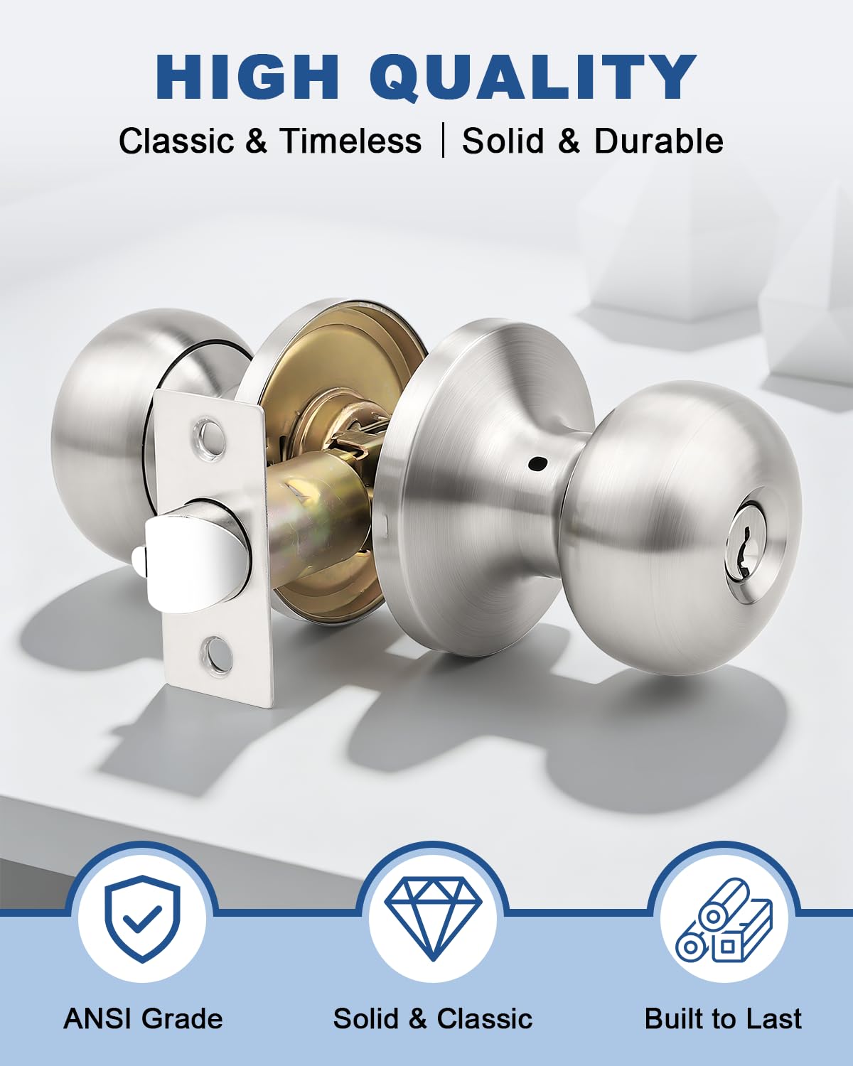 GOBEKOR 1 Pack Brushed Nickel Door Knob with Lock and Keys, Keyed Alike Reversible Entry Door Lock for Left or Right Hand Doors, Ideal for Front/Entrance Door - 2