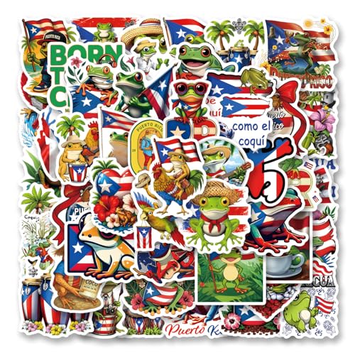 50Pcs Funny Puerto Rico Coqui Stickers Cute Coqui Frog Sticker Puerto Rico Flag Decal Stickers for Water Bottle Hydroflask Guitar Luggage Phone Case Laptop Skateboard Gift