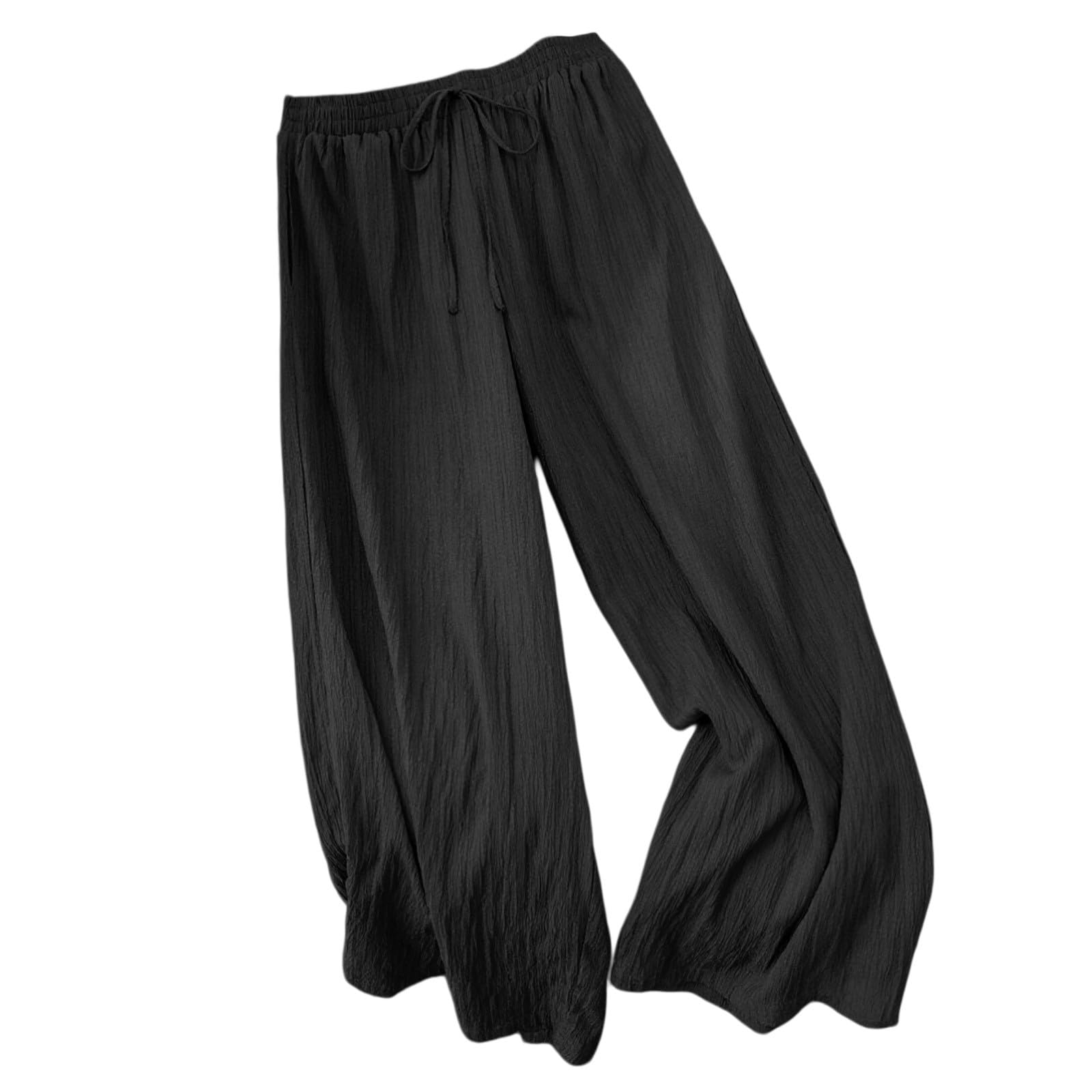 Generisch Pantalon long en mousseline pour femme - Pantalon d'été Palazzo élégant - Léger et aéré - Couleur unie - En coton - Pantalon de plage - Pantalon de loisirs - Élastique - Avec cordon de