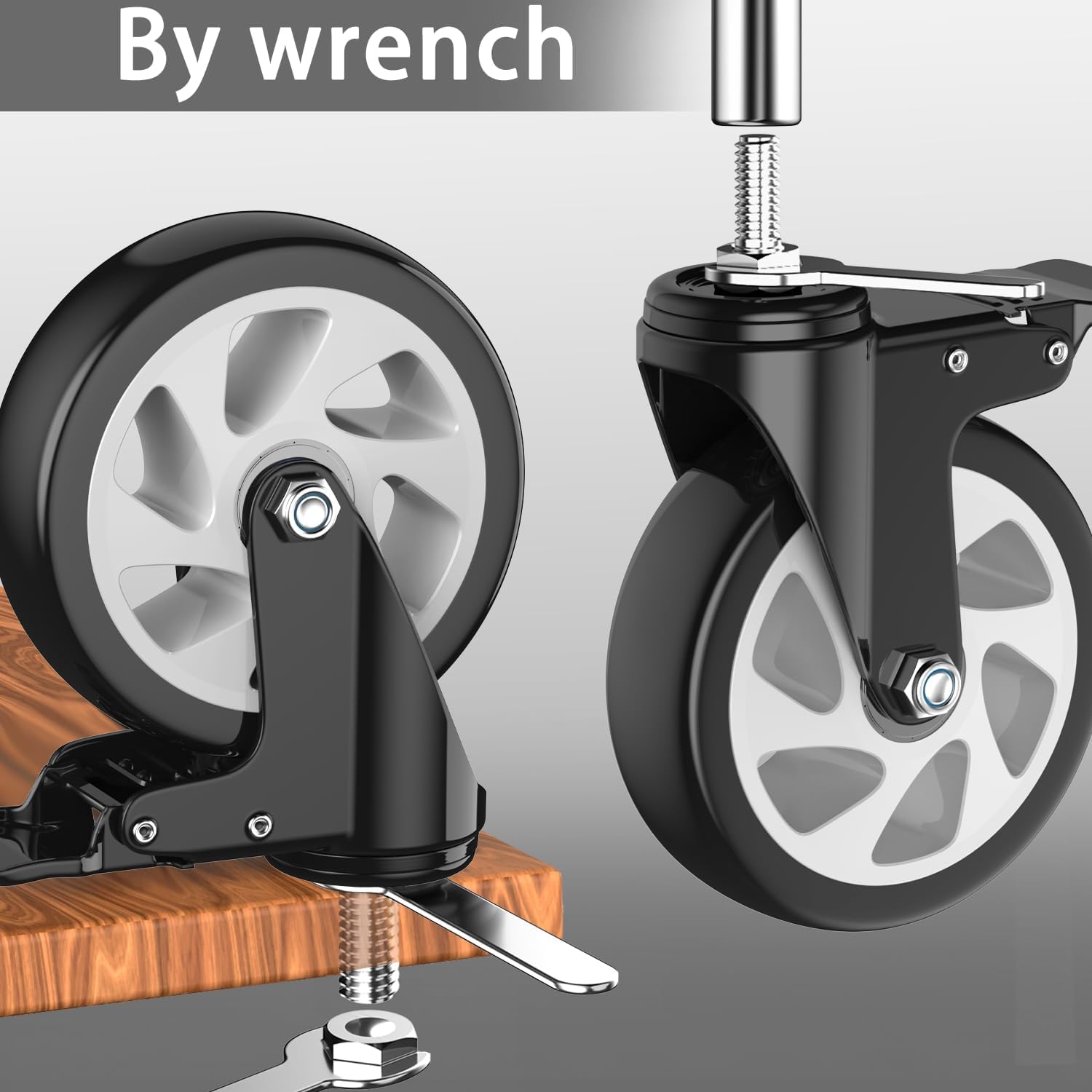 5-calowe wytrzymałe kółka jezdne, zestaw 4 kółek trzpieniowych, 1/2" -13 x 1 (średnica trzpienia 1/2", długość trzpienia 1"), blokowane obrotowe kółka trzpieniowe z gwintem, zestaw 4 kółek