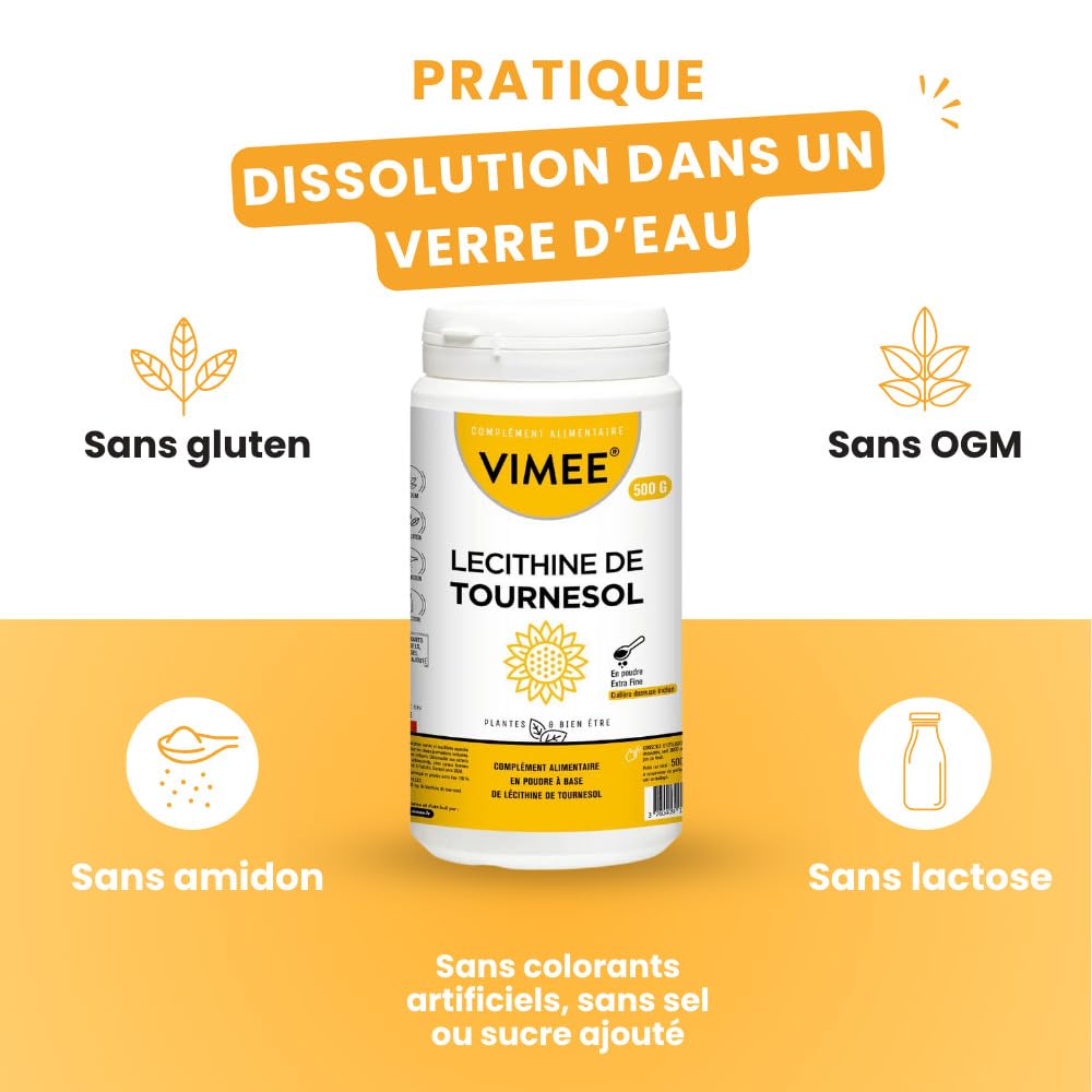 Lécithine de Tournesol en Poudre Vimee - Complément et Additif Alimentaire à Base de Phospholipides de Tournesol - Foie, Cerveau - 500 G - 500 Jours