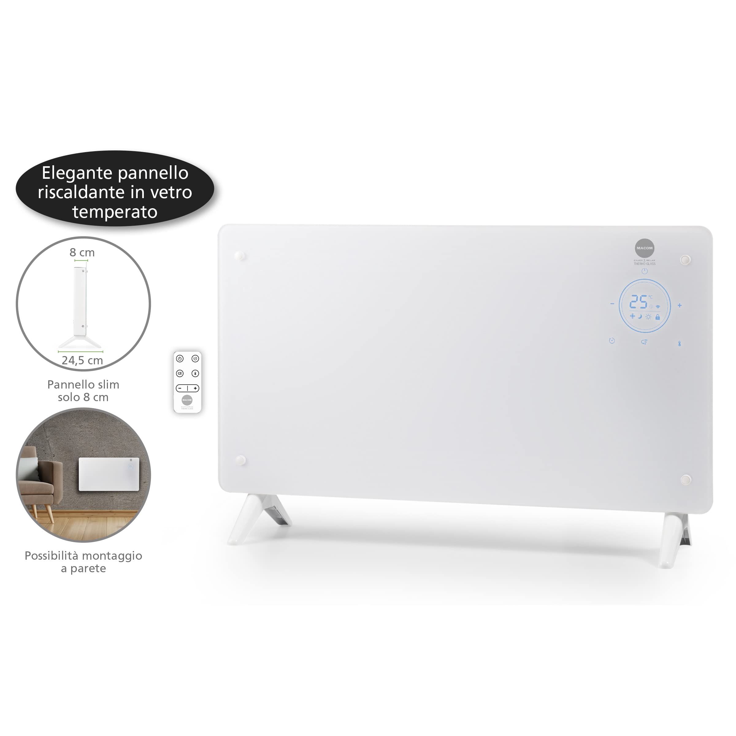 MACOM, Elegante Termoconvettore in vetro temperato,riscaldamento rapido, 1000/2000 W, Tlc, timer 24h, termostato ambiente, montaggio a parete con staffe in dotazione, Enjoy & Relax 937 Thermo Glass