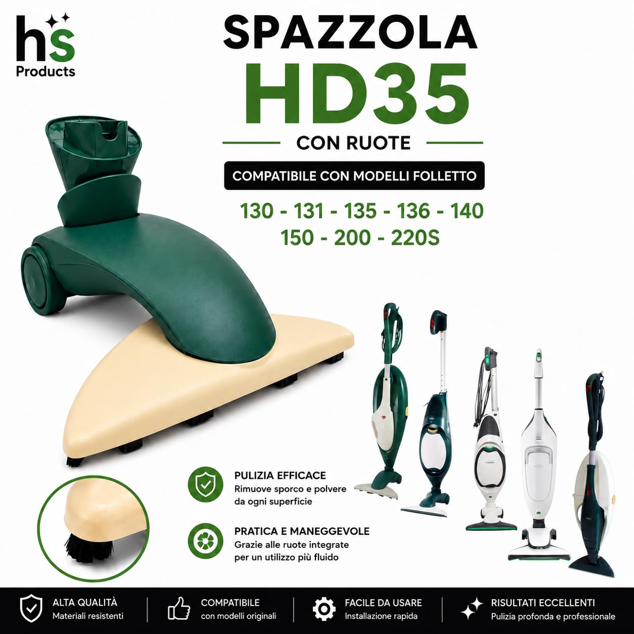 HS PRODUCTS Spazzola per Aspirapolvere Folletto HD35 Compatibile con Modelli 130-131 -135-136- 140-150- 20-0 220S – Ricambio per Aspirapolvere di Alta qualità con Sottospazzola Inclusa
