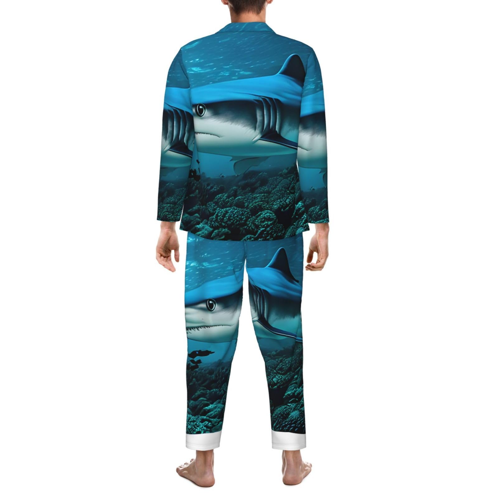 Herren-Pyjama-Set, langärmelig, Hai-Aufdruck, zweiteilig, bequem, Nachtwäsche, Blau