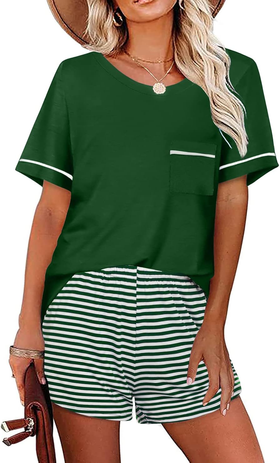 Ekouaer Women's Fit Short-Sleeve Sleepwear, Striped Shorts