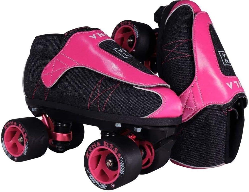 V N L A Zona Rosa Jam Skates | Quad Roller Skates from Vanilla – Indoor Speed Skates – Denim and Leather – for Tricks and Rhythm Skating (Neon Pink and Black)