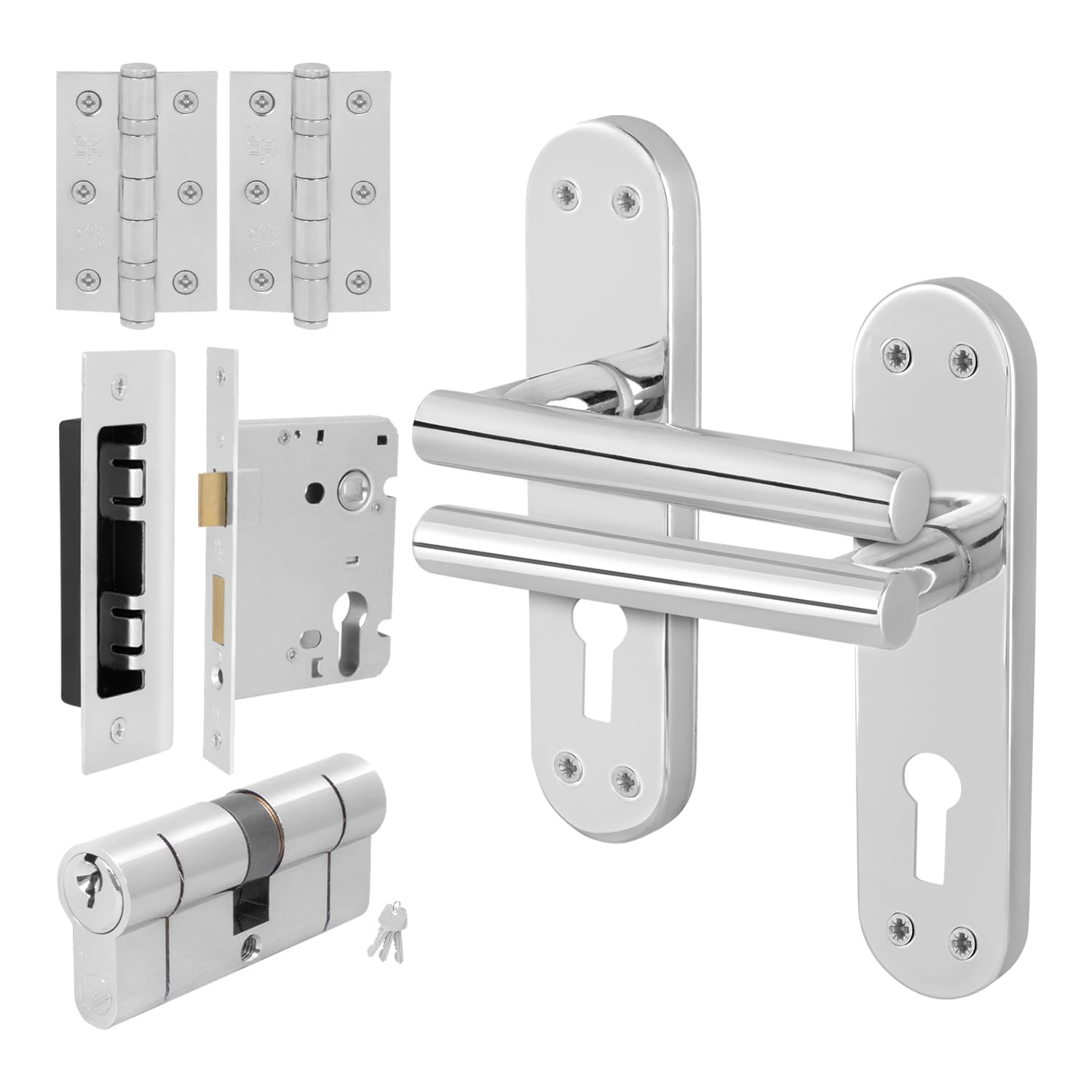 EAI Chrome Door Handle Euro Lock, Double Cylinder Set 1 Pair Polished Chrome Internal Door Handle, Lock, Hinges - Oliena