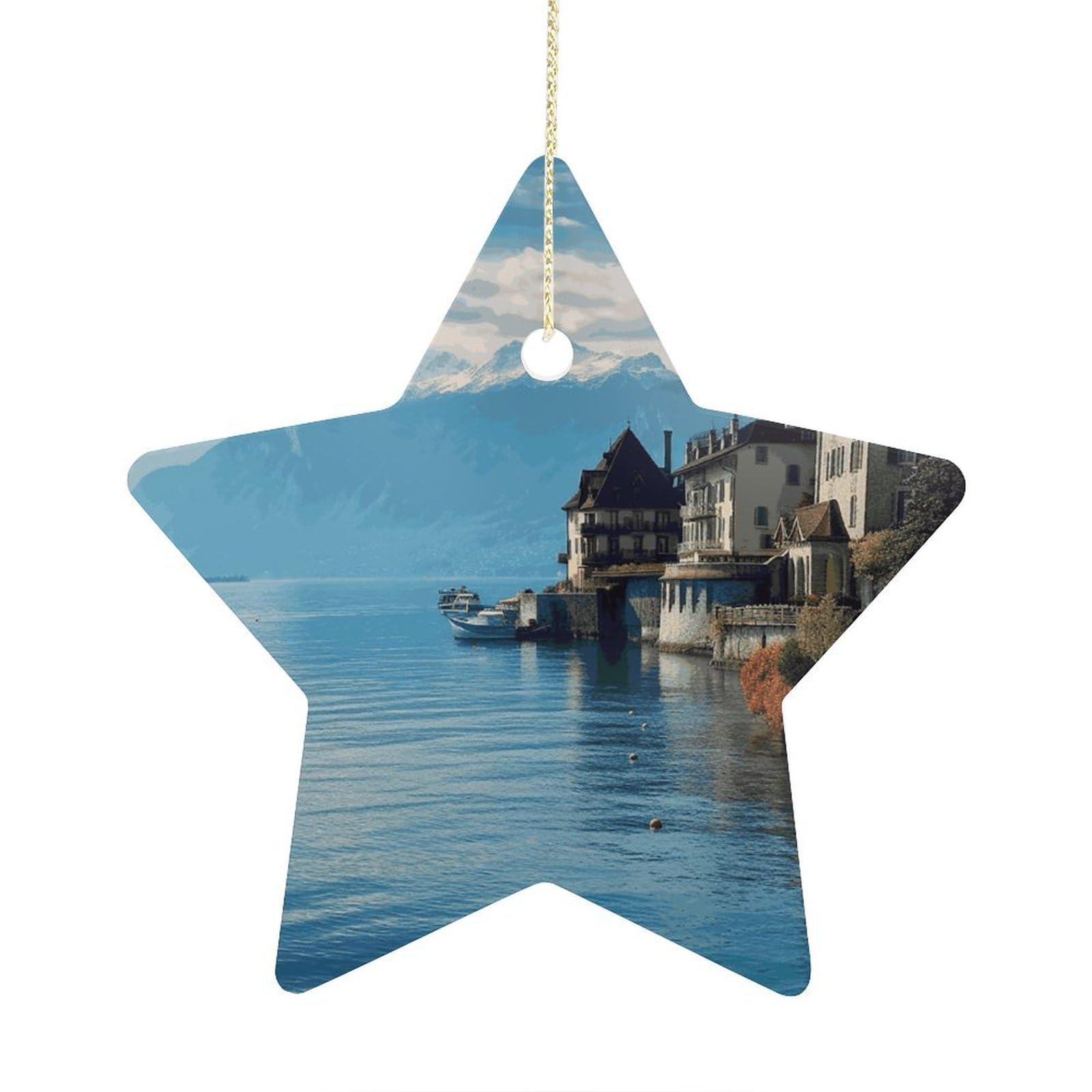 Lake Geneva Switzerland Stars Ornaments Ceramic Christmas Tree Hanging Light in Weight Christmas Star Pendants Funny Double-Sided Printed Xmas Ornaments for Gifts