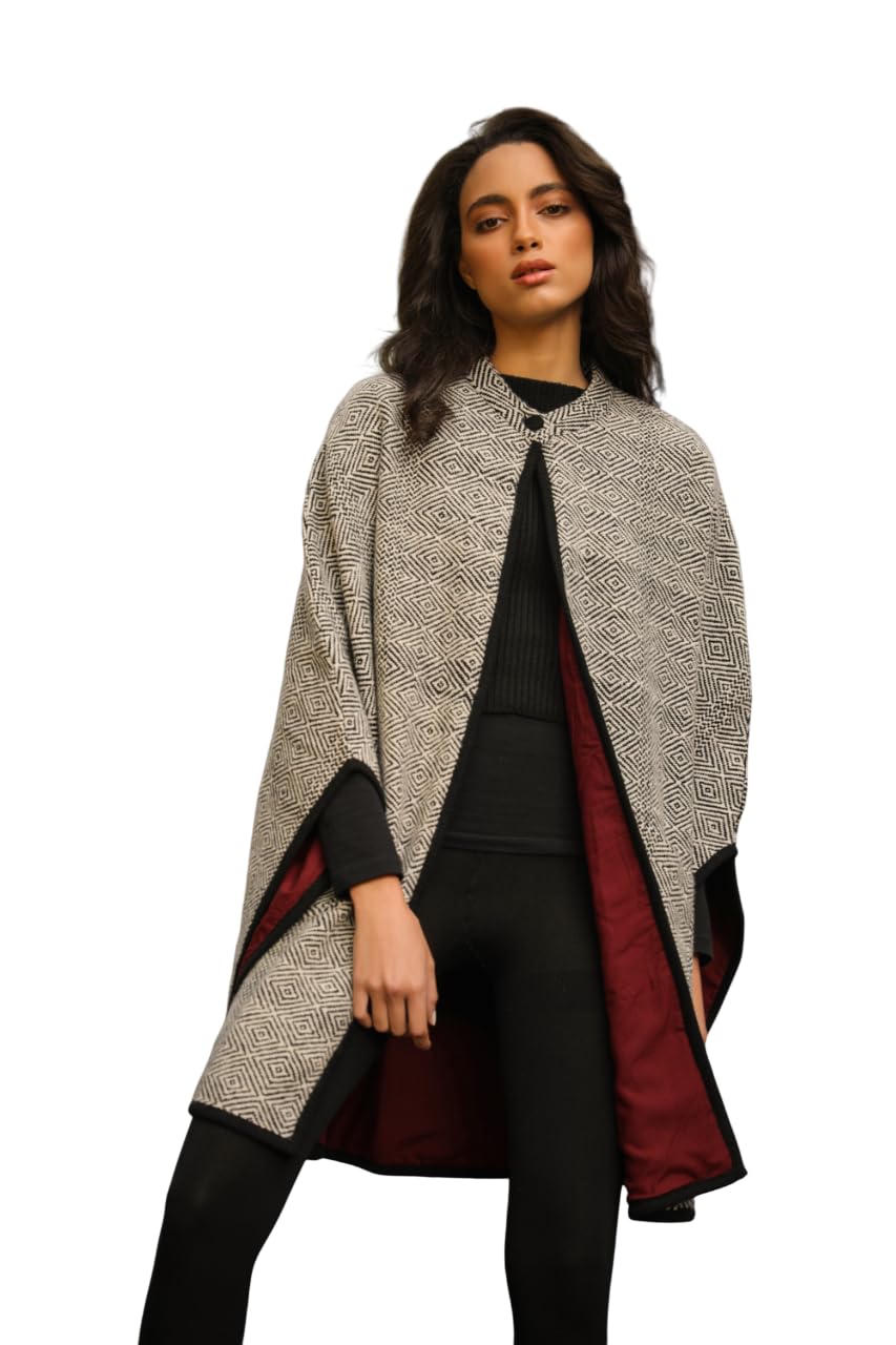 Stylish Draped Cape for Women | Open Front Shawl Layer | Structured Textured Fabric with Contrast Border | Elegant Indo-Western Fashion Wrap | Lightweight Winter Outerwear, Grey-image-6