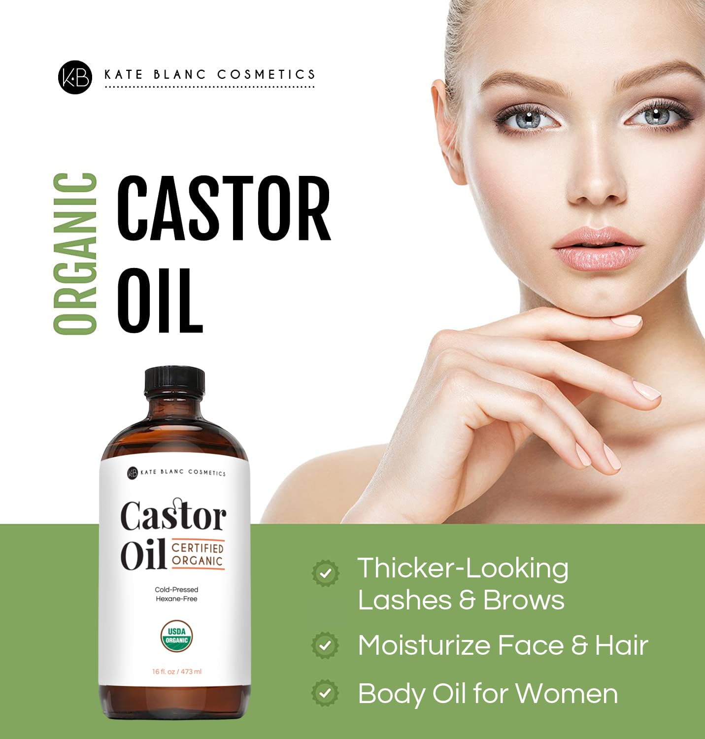 Kate Blanc Cosmetics Castor Oil Organic for Hair Skin & Face 16oz | 100% Pure Cold Pressed Hexane Free | Unrefined Castor Oil for Eyelashes & Eyebrows in Glass Bottle product thumbnail 4