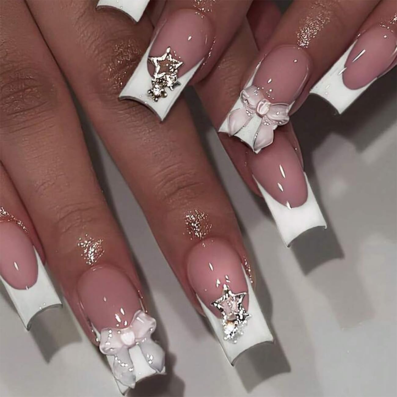 Medium Square Shaped Press on Nails White French Tip Fake Nails 3D Bow Star Design Nude Color French Nail Tips Almond Shape Press ons Cute Bow Stick