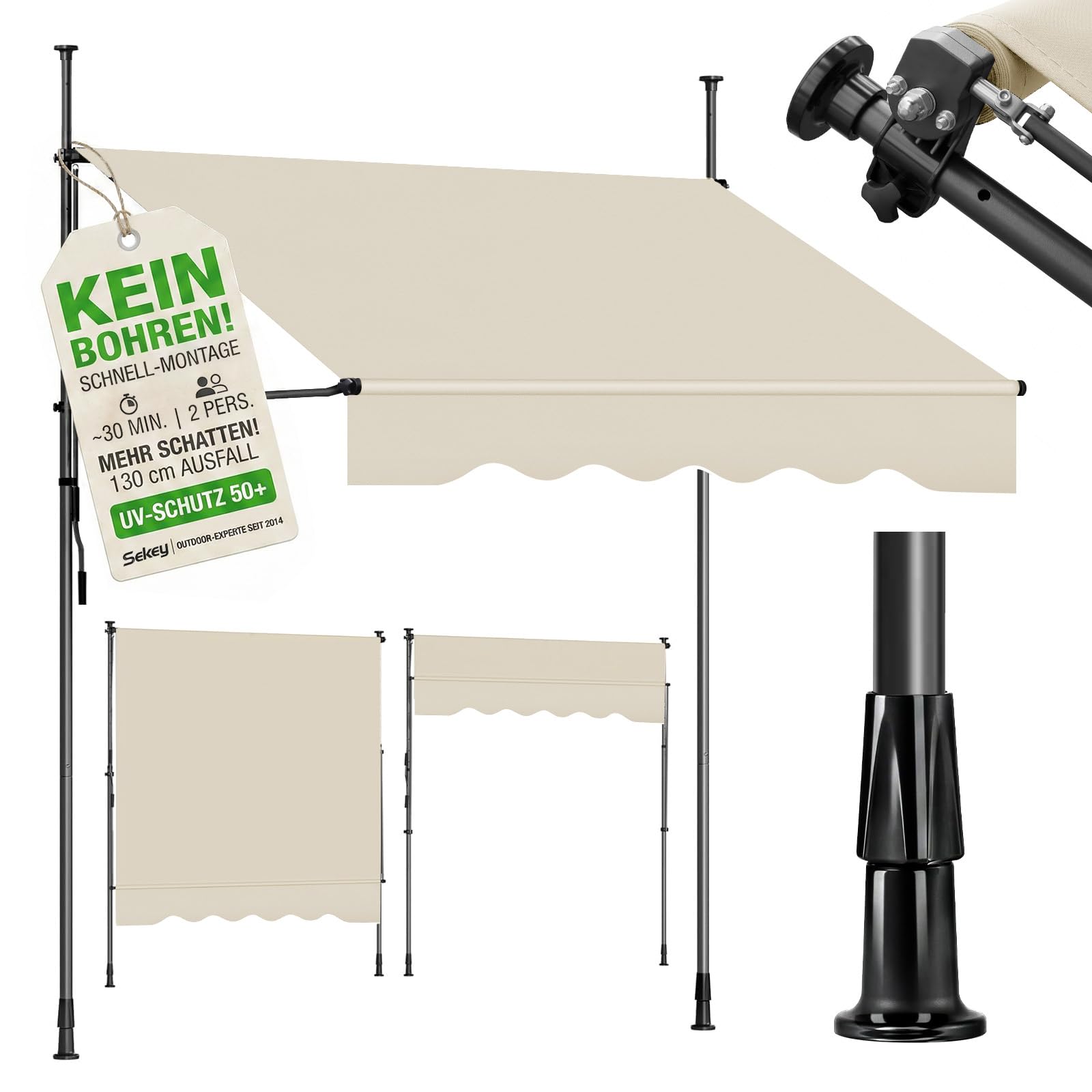 Sekey Klemmmarkise 350 cm breit, Markise Balkon ohne Bohren mit Handkurbel, 130 cm Ausfall, 0-90° neigbar, UV-beständiger Sonnenschutz & wasserdicht (280g/m²), für Balkon, Terrasse & Garten, Beige