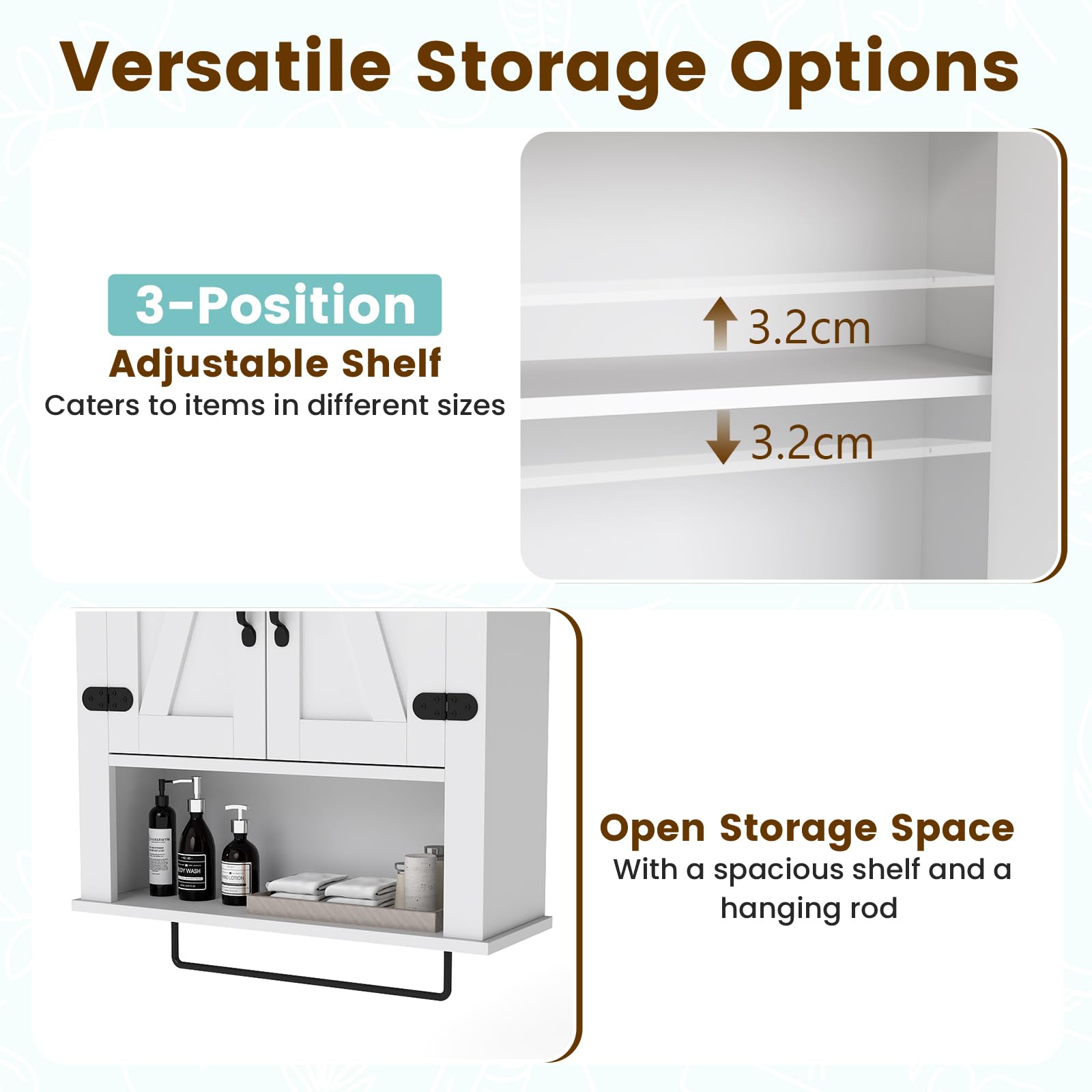 LIFEZEAL Mobiletto Bagno Salvaspazio da Parete, Bianco, Pensile Bagno Sospeso con Barra Portasciugamani, 2 Ante con Ripiano Regolabile, Armadietto, Armadio, Mobile, per Cucina, in Legno, 60x20x72,5cm
