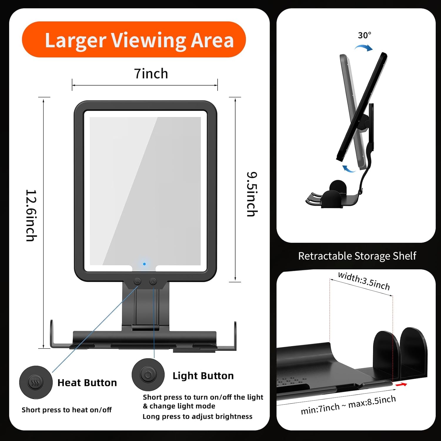 Lighted Shower Mirror Fogless for Shaving, Heated Fog Free Large 9.5*7inch 3 Color Modes Dimming Shower Shaving Mirror with Light, Rechargeable Anti-Fog Shower Mirror with Storage Tray & Razor Holders