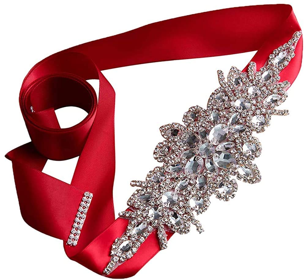 Ulalaza Women's Xw33w Red Prom Evening Dress Decorative Waistband Bridal Crystal Sashes Wedding Belt Sash With Rhinestones