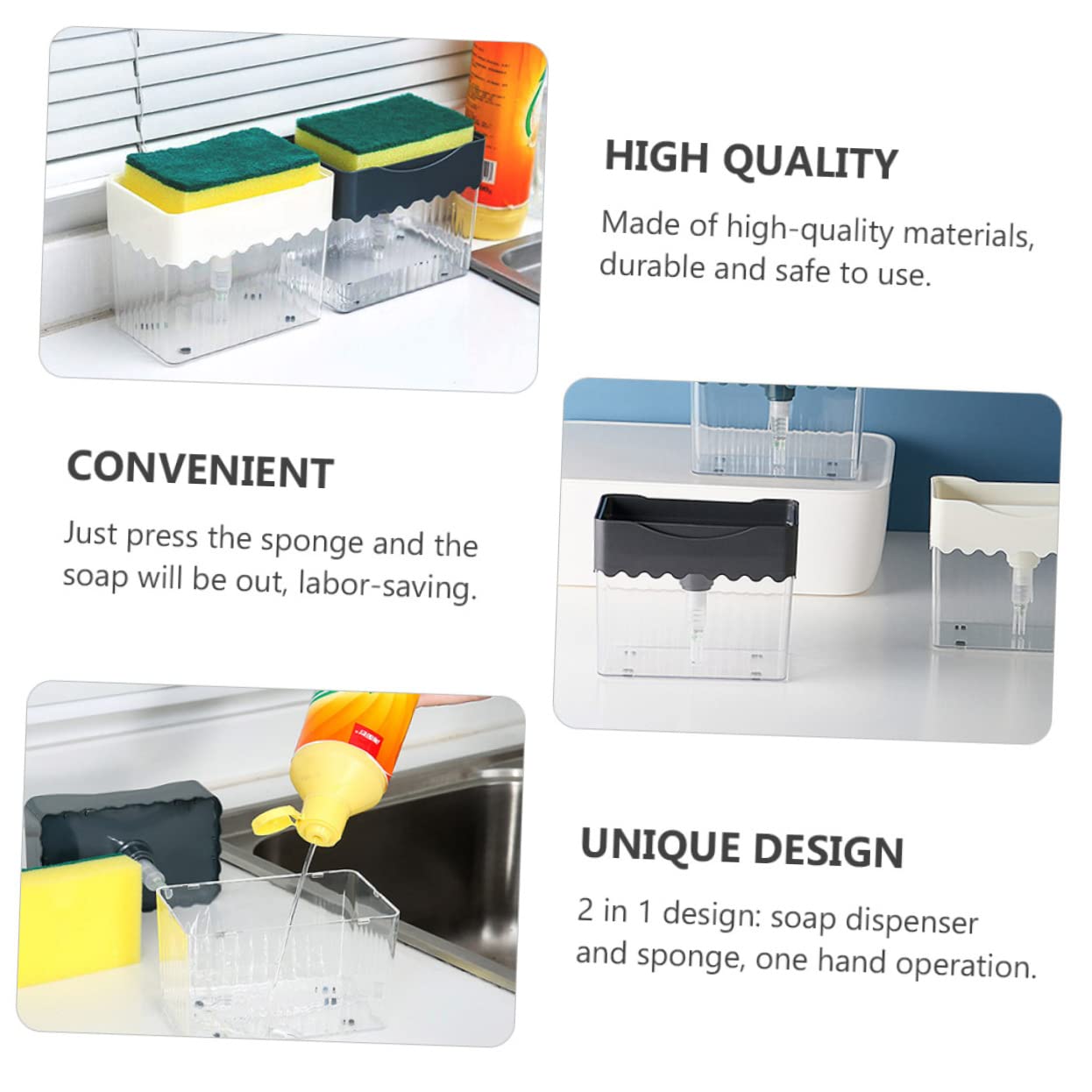 SOLUSTRE Creative Automatic Soap Dispenser with Sponge Holder Compact Design for Kitchen Sink Function for Home School Office and Restaurants Deep Grey