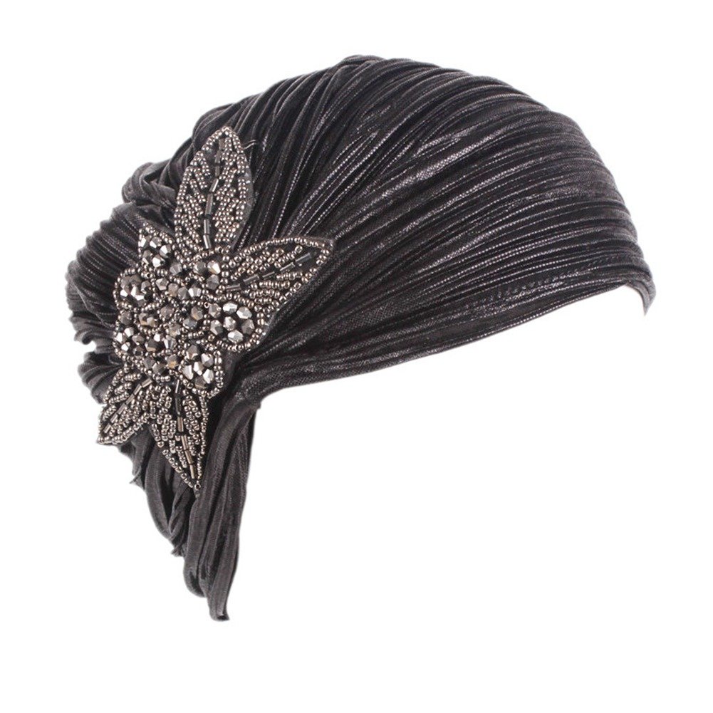 Women's 20S Gatsby Turban Hat Noble Ruffle Glitter Pleated Stretch Head Wraps Chemo Cap