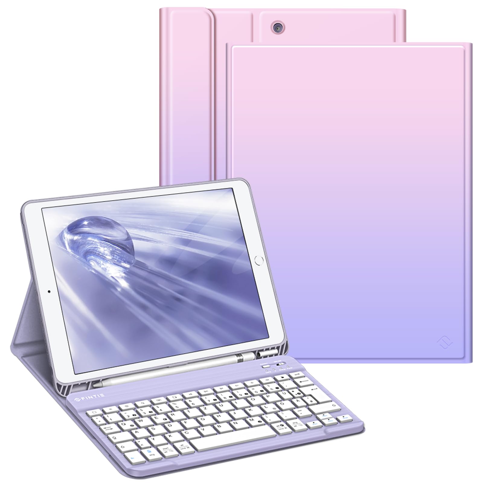 FINTIE Tastatur Hülle für iPad 10.2 Zoll (9/8/ 7 Generation - 2021/2020/2019), Schutzhülle mit TPU Rückschale, Pencil Halter und magnetisch Abnehmbarer Tastatur mit QWERTZ Layout, Fantacy Ombre