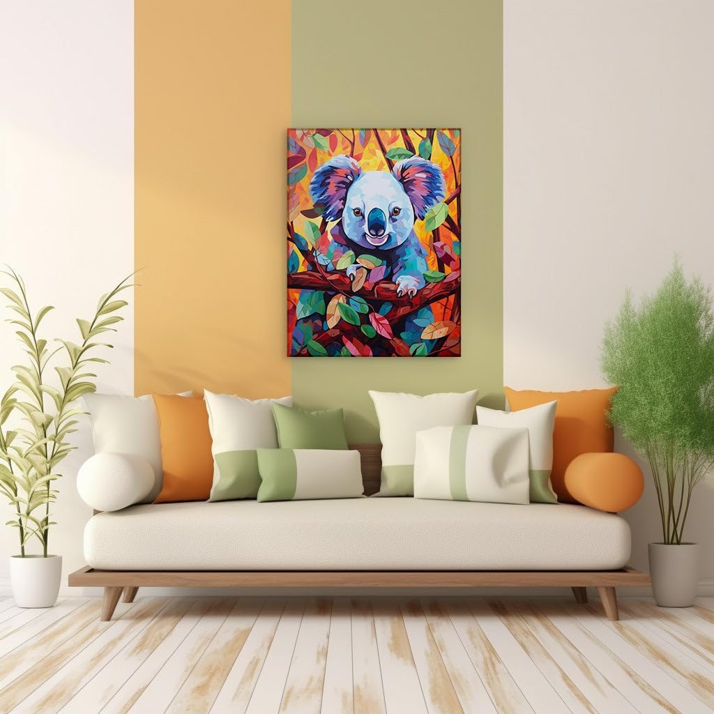 Canvas for Living room. Kaleidoscopic Comfort: A Visual Festival with a Colorful Koala Against the Warmth of Orange, 27 x 18 inch Canvas Wall Art - Contemporary Masterpieces - Modern Home Decor