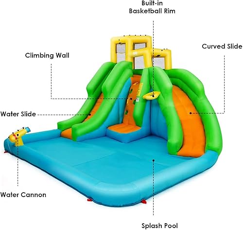 Miniatura 9 de BOUNTECH Tobogán acuático inflable, parque de tobogán acuático gigante 6 en 1 para diversión al aire libre con soplador GFCI 550W, toboganes dobles,