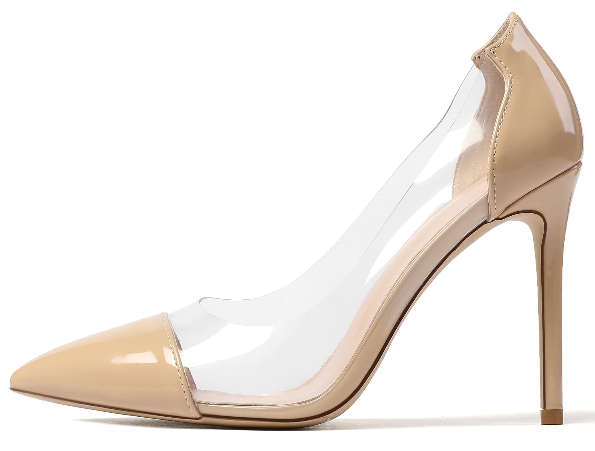 SAMMITOP Women's High Heels Transparent Clear Pumps Slip On Pointed Toe Stiletto Shoes Beige US6