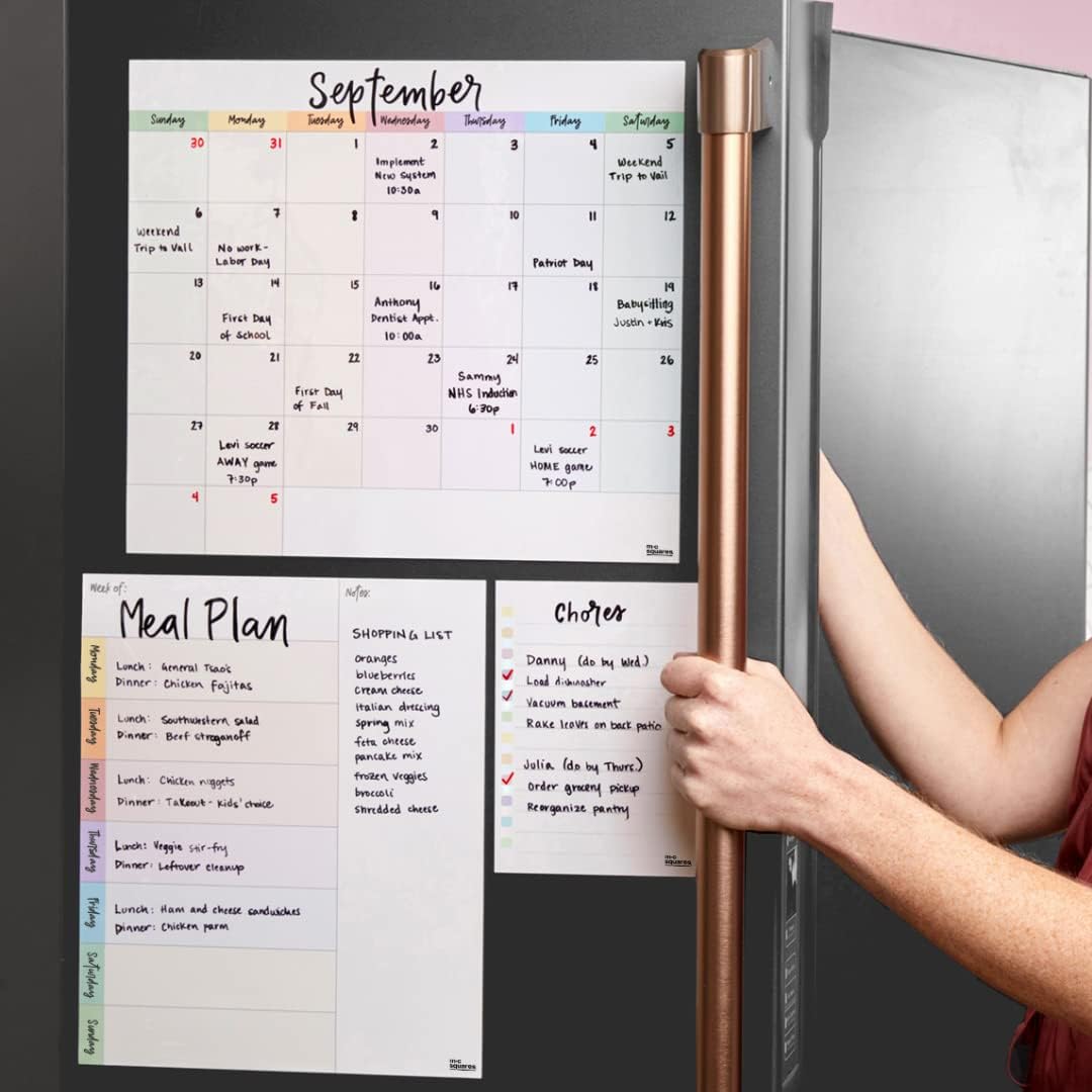 M.C. Squares Dry Erase 3-Piece Bundle | Calendar, Weekly Planner & to Do List | Erasable, Re-Stickable White Board Planning Set | Home, Office, School | with Wet Erase Tackie Marker | USA Made