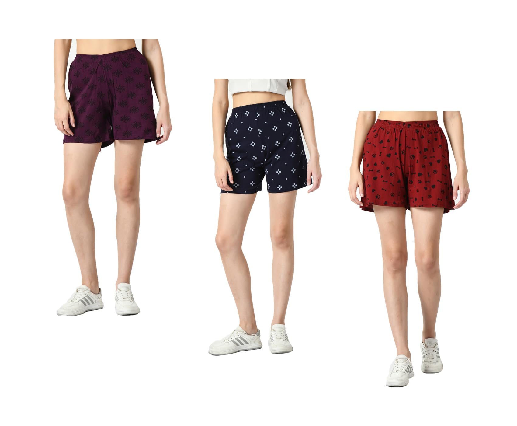kayu Pack of 3 Women’s Cotton Printed Shorts Comfortable Elastic Waist Casual Lounge Summer Shorts for Women Purple, Navy Blue, Maroon-picture-4