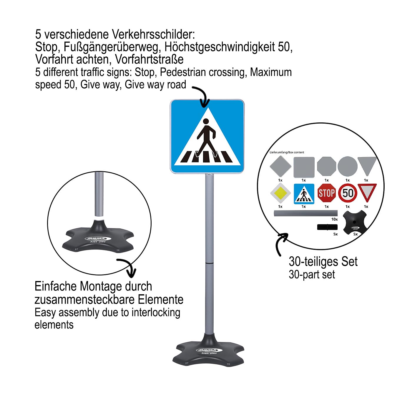 Jamara, kit de signalisation, Grand A avec 5 panneaux de signalisation différents, montage facile grâce aux éléments attachables, plastique robuste et léger, 460257