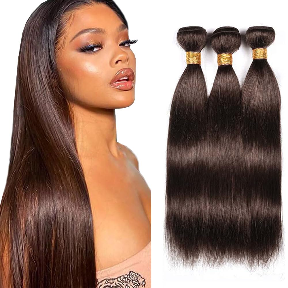 AiPliantfis #4 Chocolate Brown Bundles Human Hair Double Weft Straight Weave 3 Bundles Total 300g Unprocessed Glueless Virgin Human Hair Extension 24 26 28 Inch