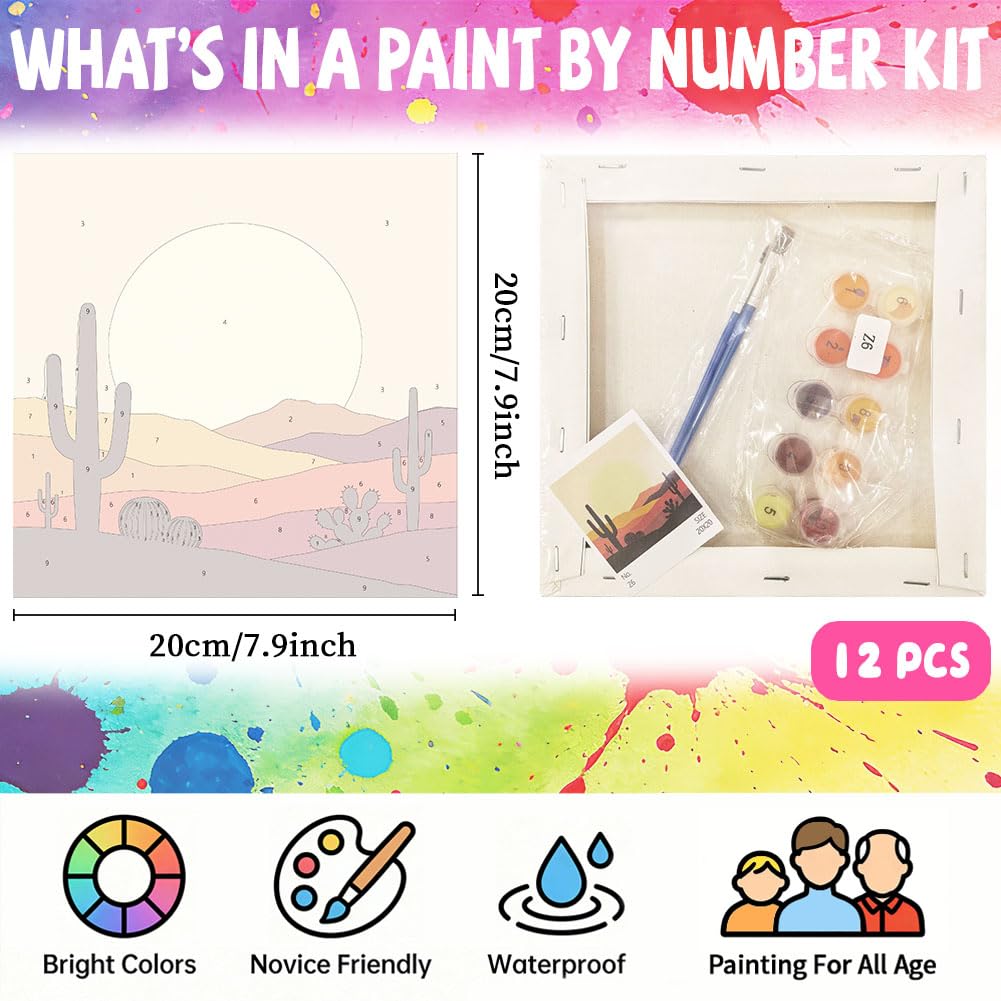 twinklemon Set di 12 dipinti per numero su tela per adulti con cornice, kit di pittura con numeri su tela, composto da 10 colori di pigmenti e pennelli per principianti, 20 x 20 cm