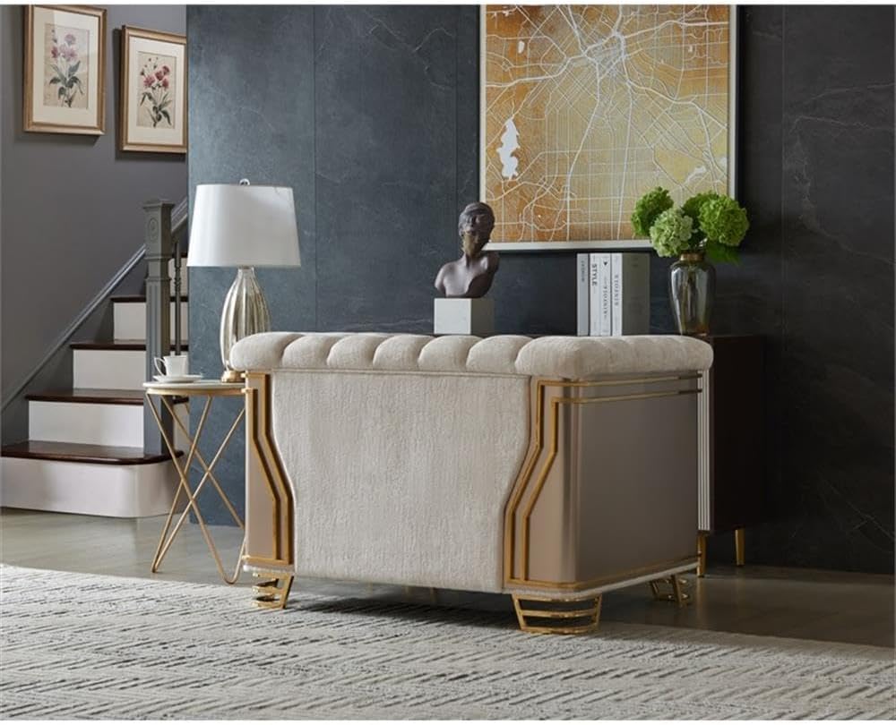 Pemberly Row Modern Loveseat, Cream Microfiber Upholstery, Gold Stainless Steel Legs, Engineered Wood Frame, Compact 2-Seater Design, High-Density Foam Cushions, Contemporary Living Room Seating