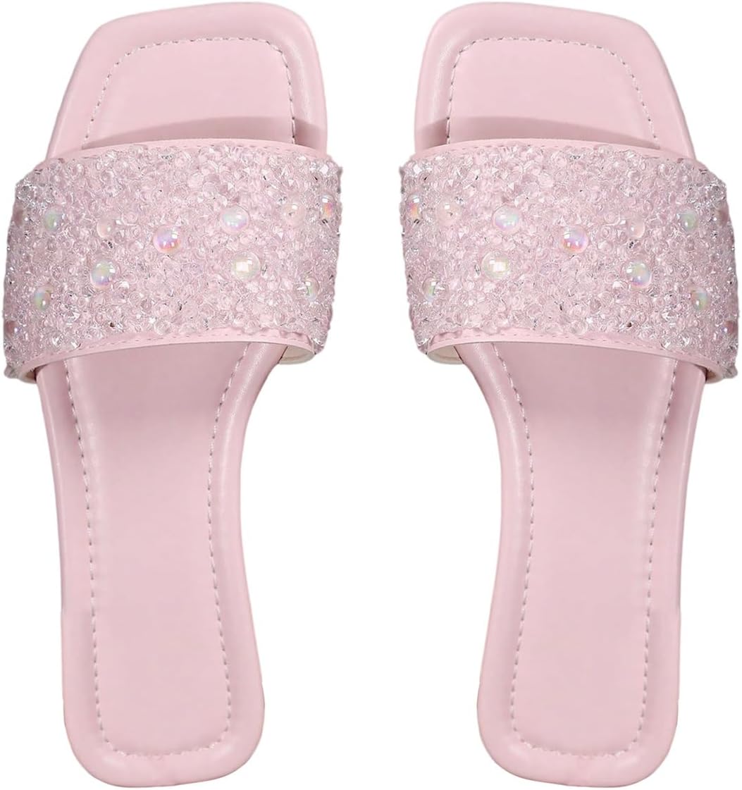 GORGLITTER Women's Sparkly Rhinestone Flat Sandals Summer Vacation Beach Square Toe Glitter Strappy Wedding Shoes Slide Sandals